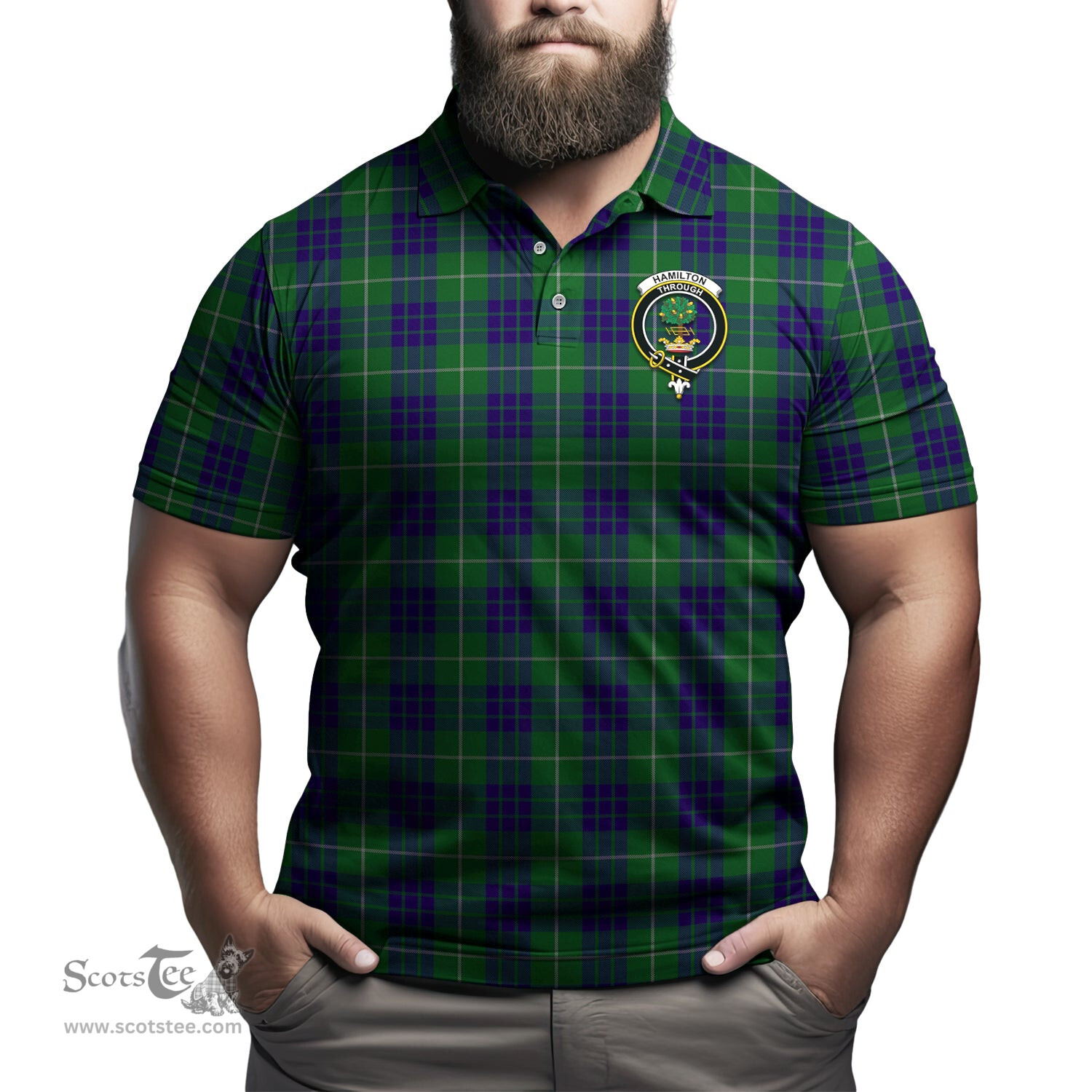 Scottish Hamilton Green Hunting Tartan Mens Polo Shirt with Family Crest Scottish Polo Shirt Scottish Plaid Tartan Plaid - ScotsTee - scotstee.com
