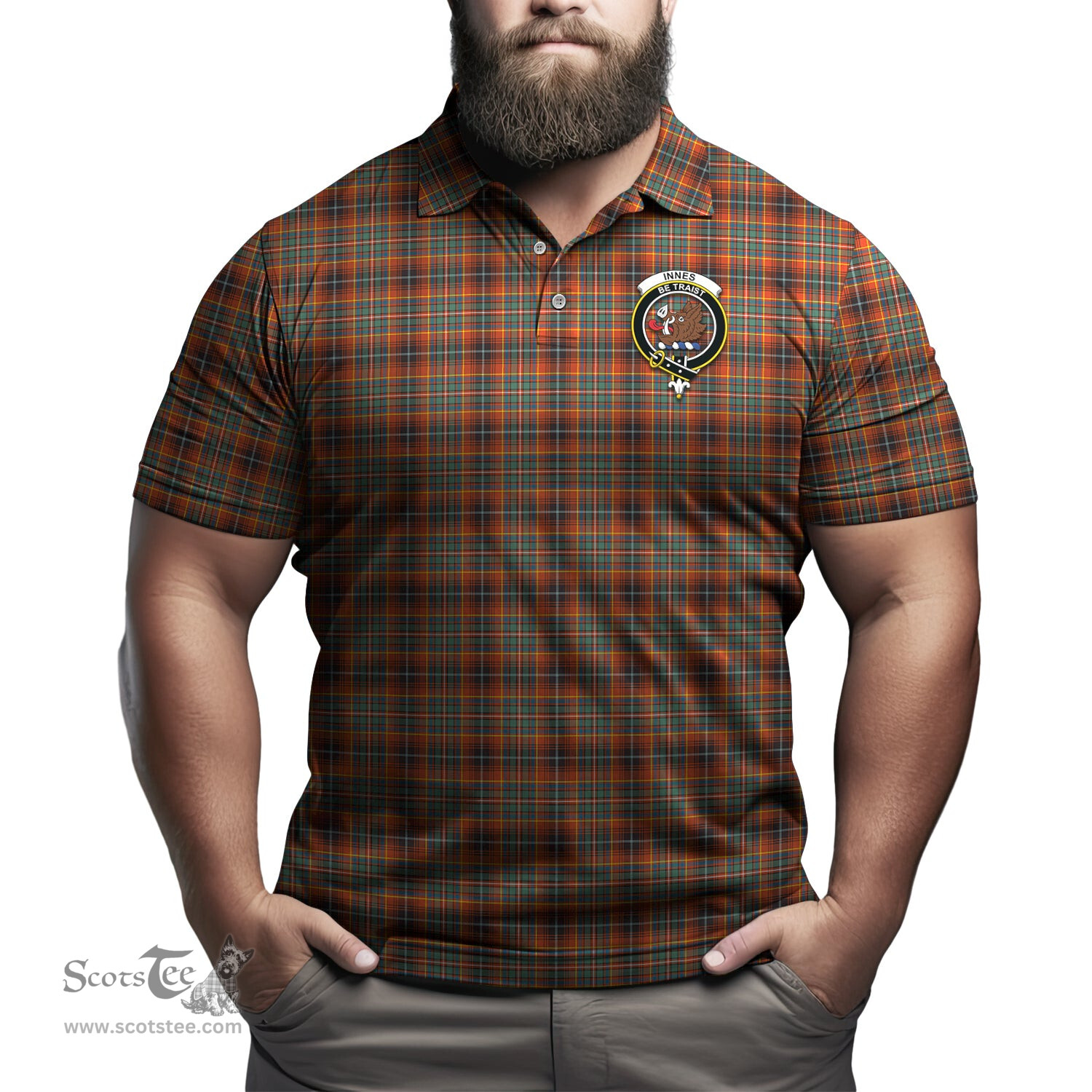 Scottish Innes Ancient Tartan Mens Polo Shirt with Family Crest Scottish Polo Shirt Scottish Plaid Tartan Plaid - ScotsTee - scotstee.com