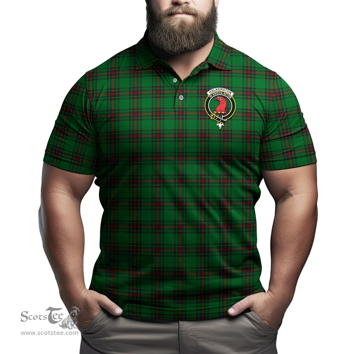 Scottish Halkerston Tartan Mens Polo Shirt with Family Crest Scottish Polo Shirt Scottish Plaid Tartan Plaid - ScotsTee - scotstee.com