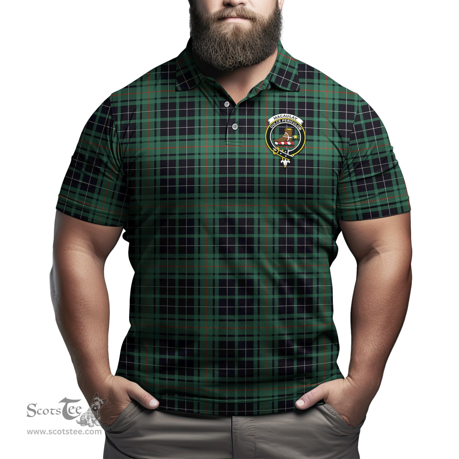 Scottish MacAulay Hunting Ancient Tartan Mens Polo Shirt with Family Crest Scottish Polo Shirt Scottish Plaid Tartan Plaid - ScotsTee - scotstee.com