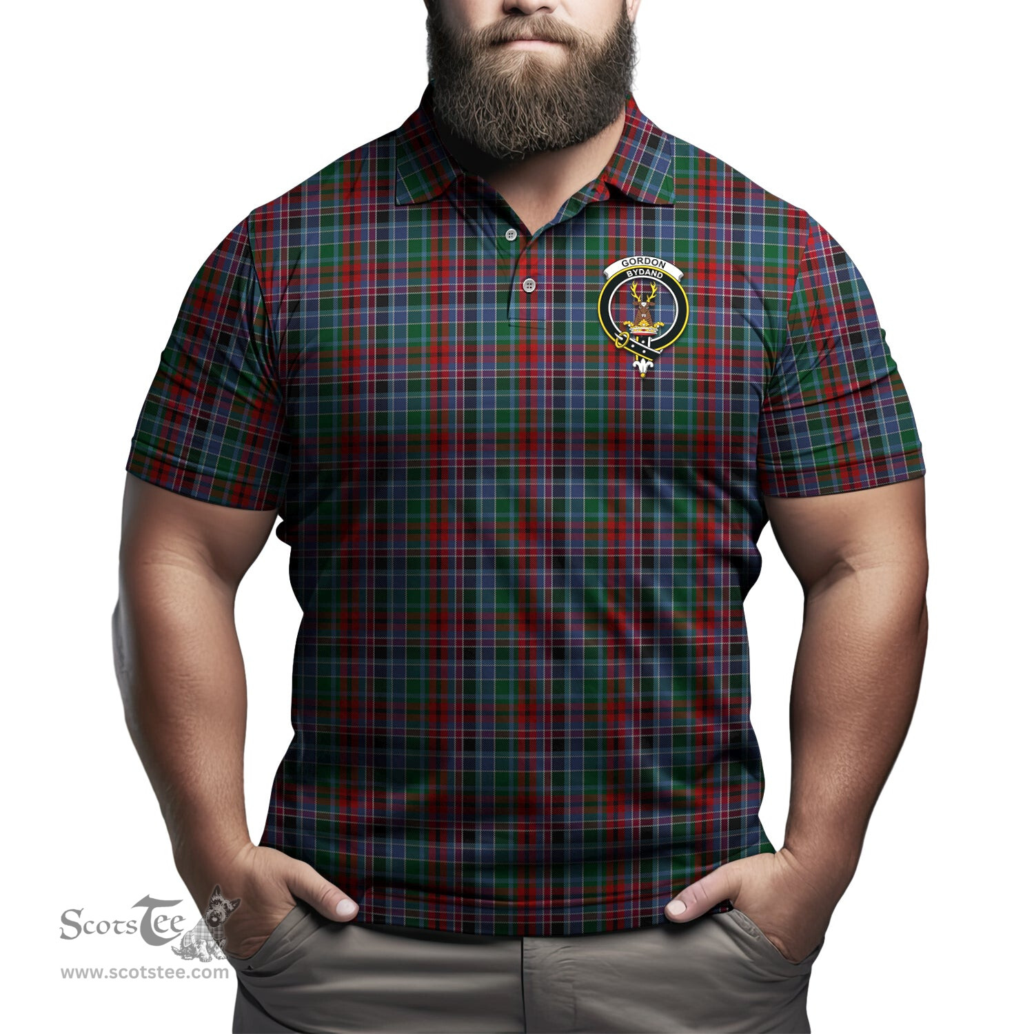 Scottish Gordon Red Tartan Mens Polo Shirt with Family Crest Scottish Polo Shirt Scottish Plaid Tartan Plaid - ScotsTee - scotstee.com