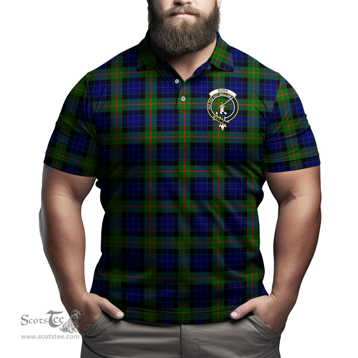 Scottish Gunn Modern Tartan Mens Polo Shirt with Family Crest Scottish Polo Shirt Scottish Plaid Tartan Plaid - ScotsTee - scotstee.com