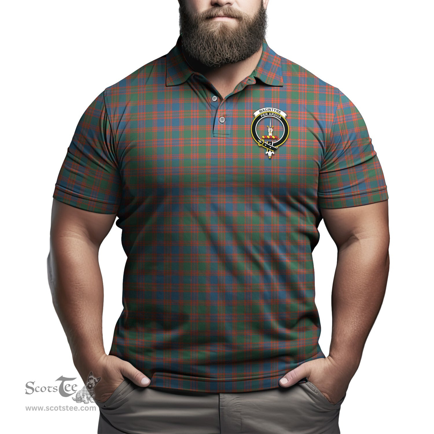 Scottish MacIntyre Ancient Tartan Mens Polo Shirt with Family Crest Scottish Polo Shirt Scottish Plaid Tartan Plaid - ScotsTee - scotstee.com