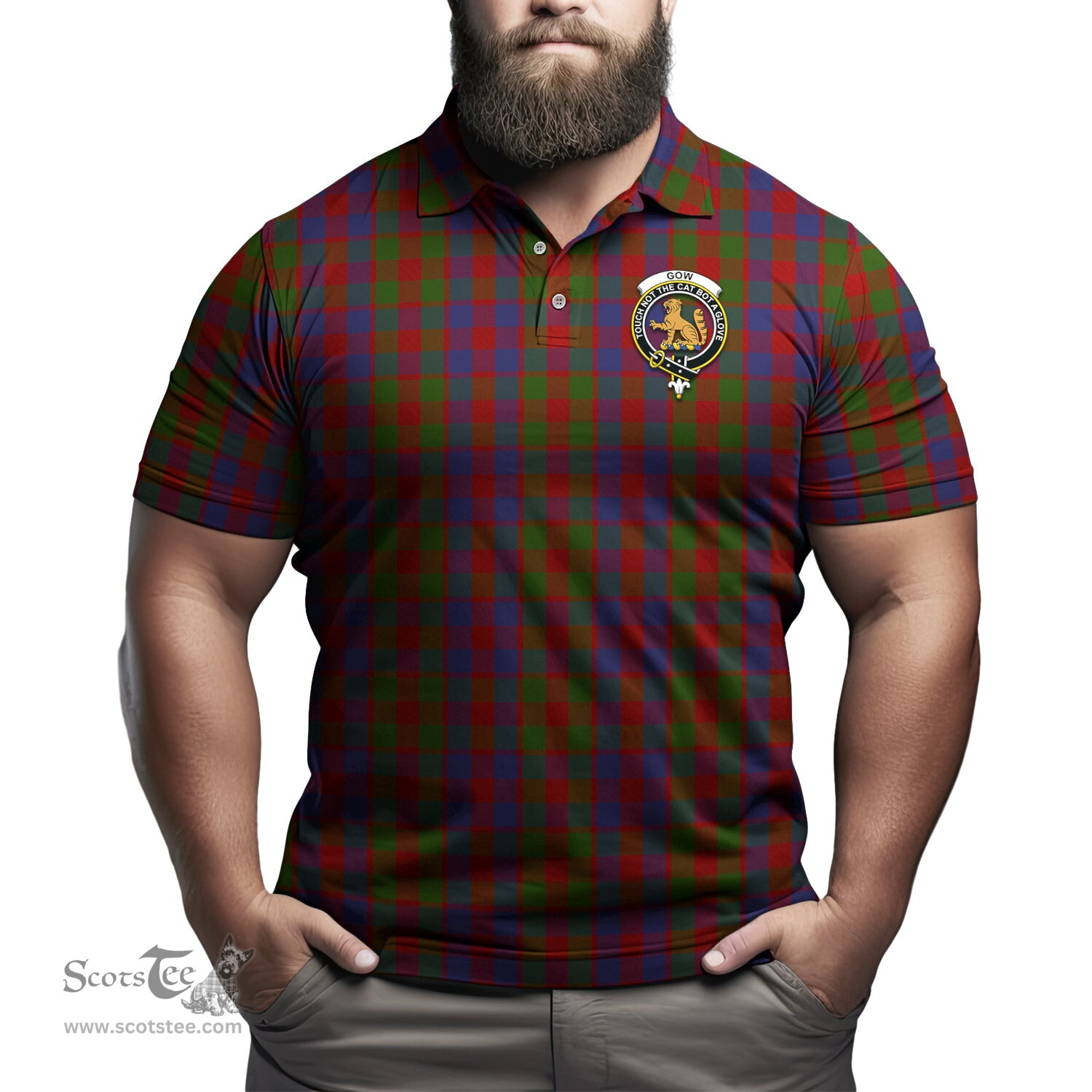 Scottish Gow Tartan Mens Polo Shirt with Family Crest Scottish Polo Shirt Scottish Plaid Tartan Plaid - ScotsTee - scotstee.com