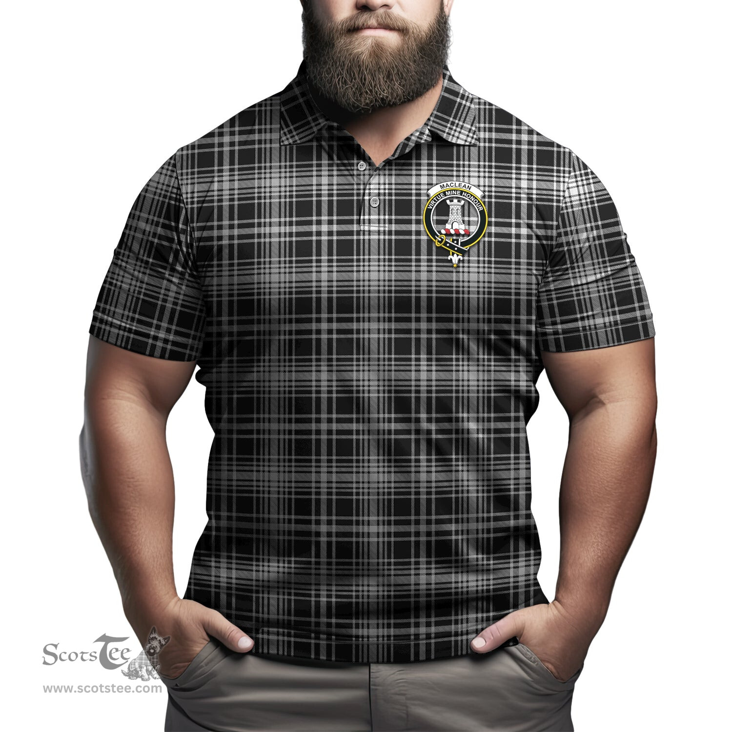 Scottish MacLean Black and White Tartan Mens Polo Shirt with Family Crest Scottish Polo Shirt Scottish Plaid Tartan Plaid - ScotsTee - scotstee.com