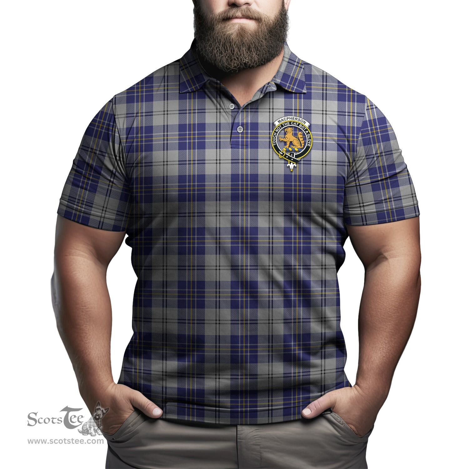 Scottish MacPherson Dress Blue Tartan Mens Polo Shirt with Family Crest Scottish Polo Shirt Scottish Plaid Tartan Plaid - ScotsTee - scotstee.com