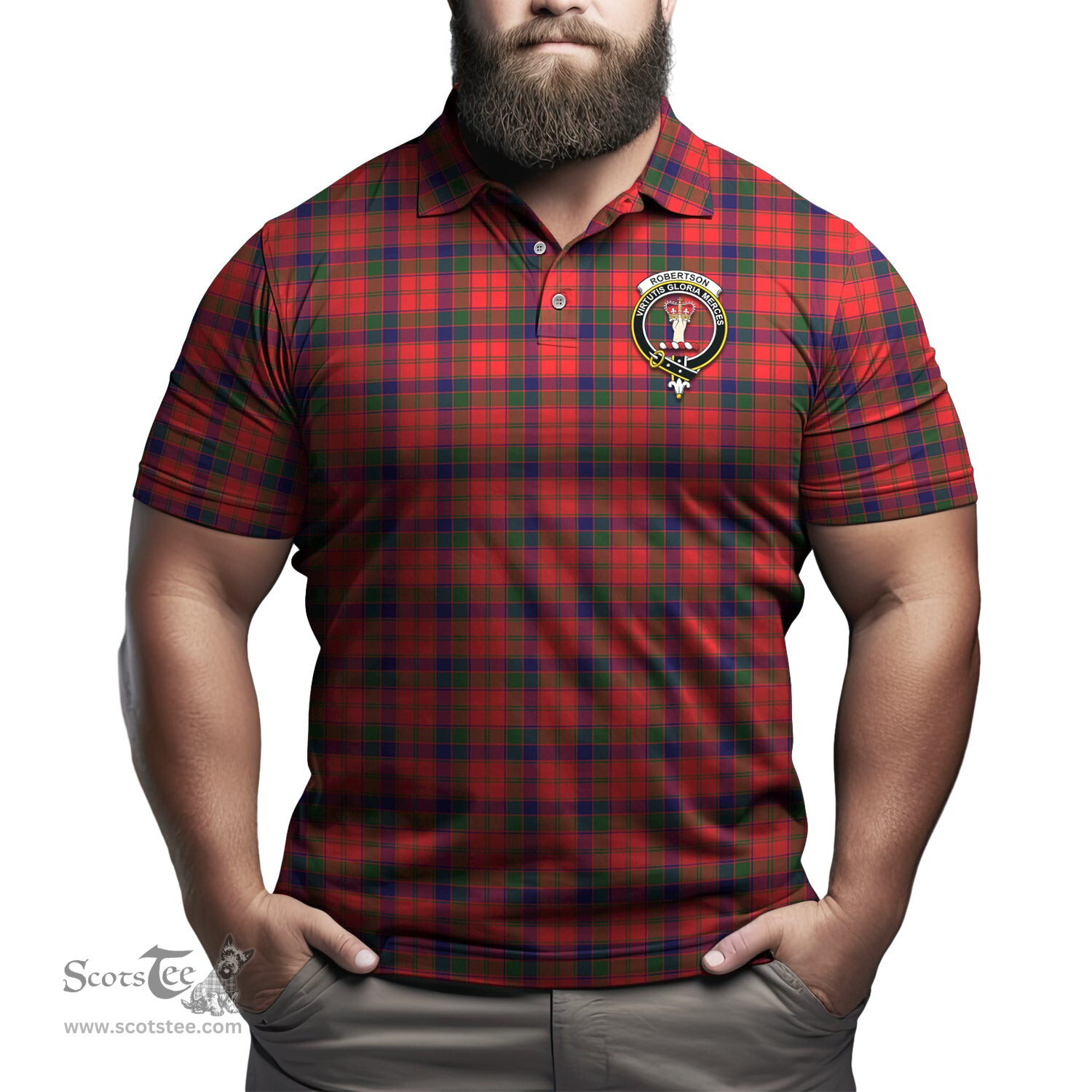 Scottish Robertson Modern Tartan Mens Polo Shirt with Family Crest Scottish Polo Shirt Scottish Plaid Tartan Plaid - ScotsTee - scotstee.com