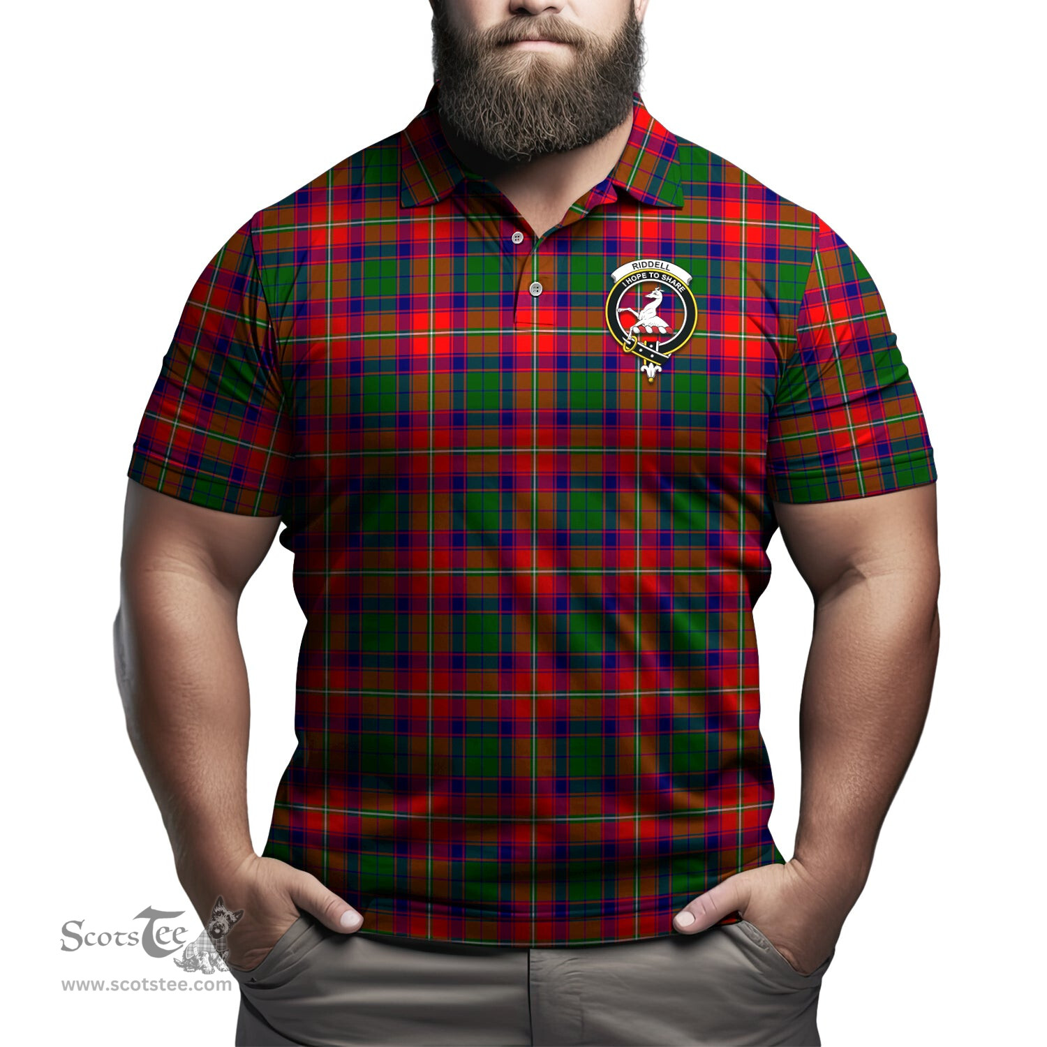 Scottish Riddell Tartan Mens Polo Shirt with Family Crest Scottish Polo Shirt Scottish Plaid Tartan Plaid - ScotsTee - scotstee.com