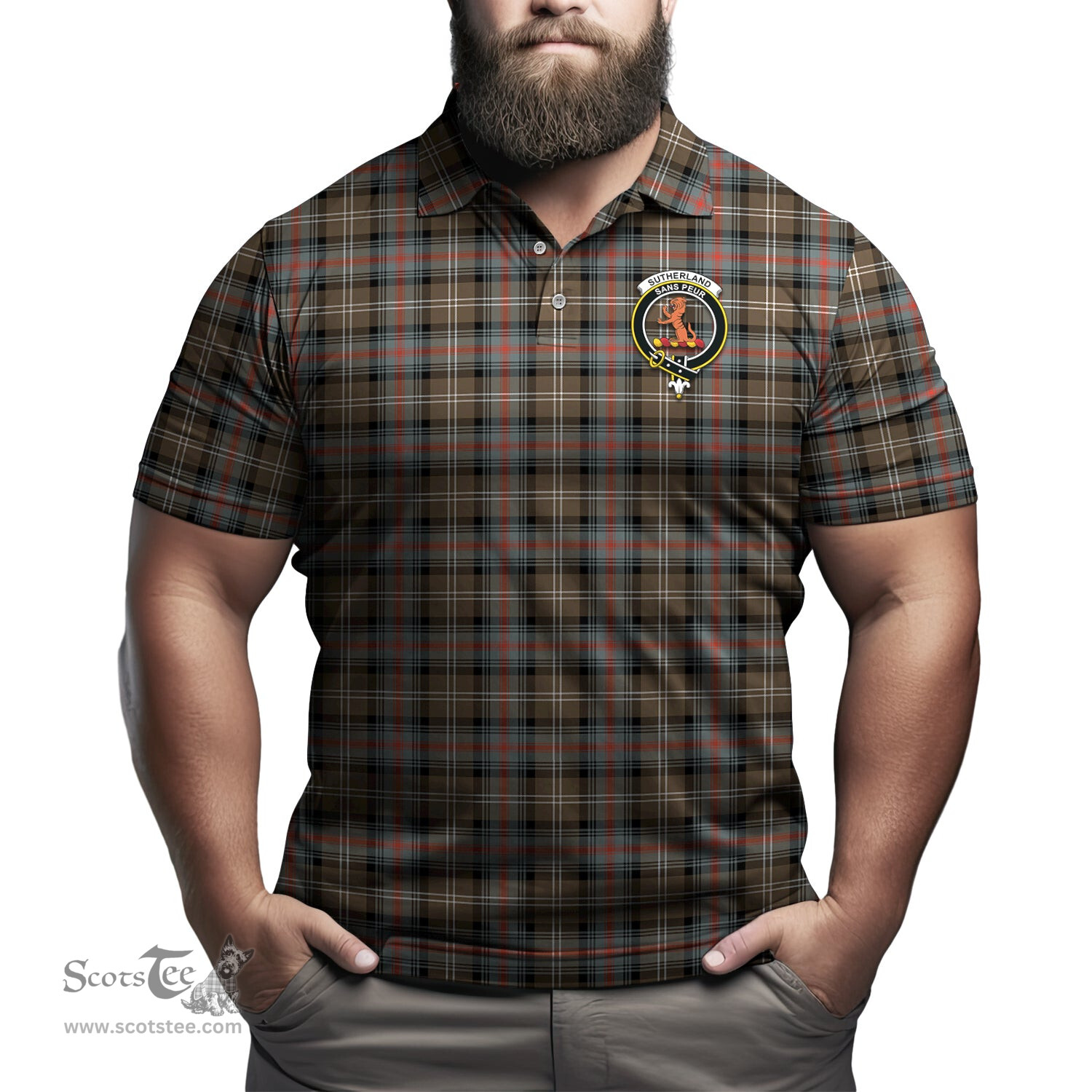 Scottish Sutherland Weathered Tartan Mens Polo Shirt with Family Crest Scottish Polo Shirt Scottish Plaid Tartan Plaid - ScotsTee - scotstee.com