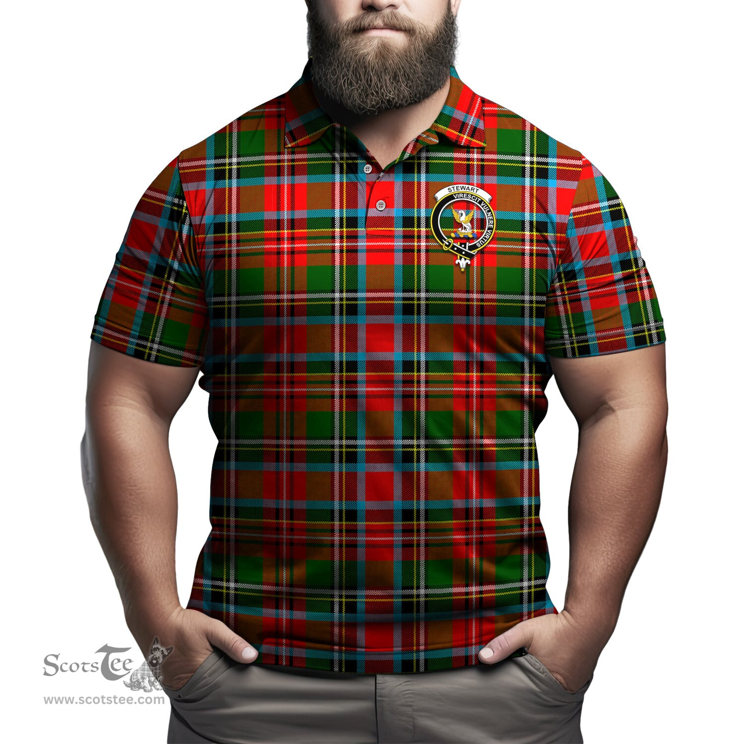 Scottish Stewart Royal Tartan Mens Polo Shirt with Family Crest Scottish Polo Shirt Scottish Plaid Tartan Plaid - ScotsTee - scotstee.com