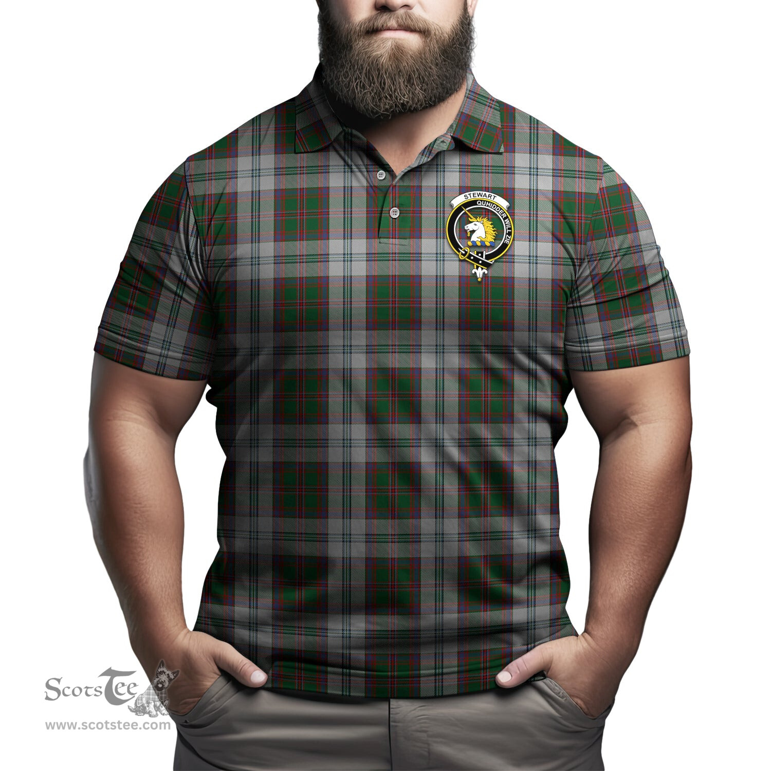 Scottish Stewart of Appin Dress Tartan Mens Polo Shirt with Family Crest Scottish Polo Shirt Scottish Plaid Tartan Plaid - ScotsTee - scotstee.com