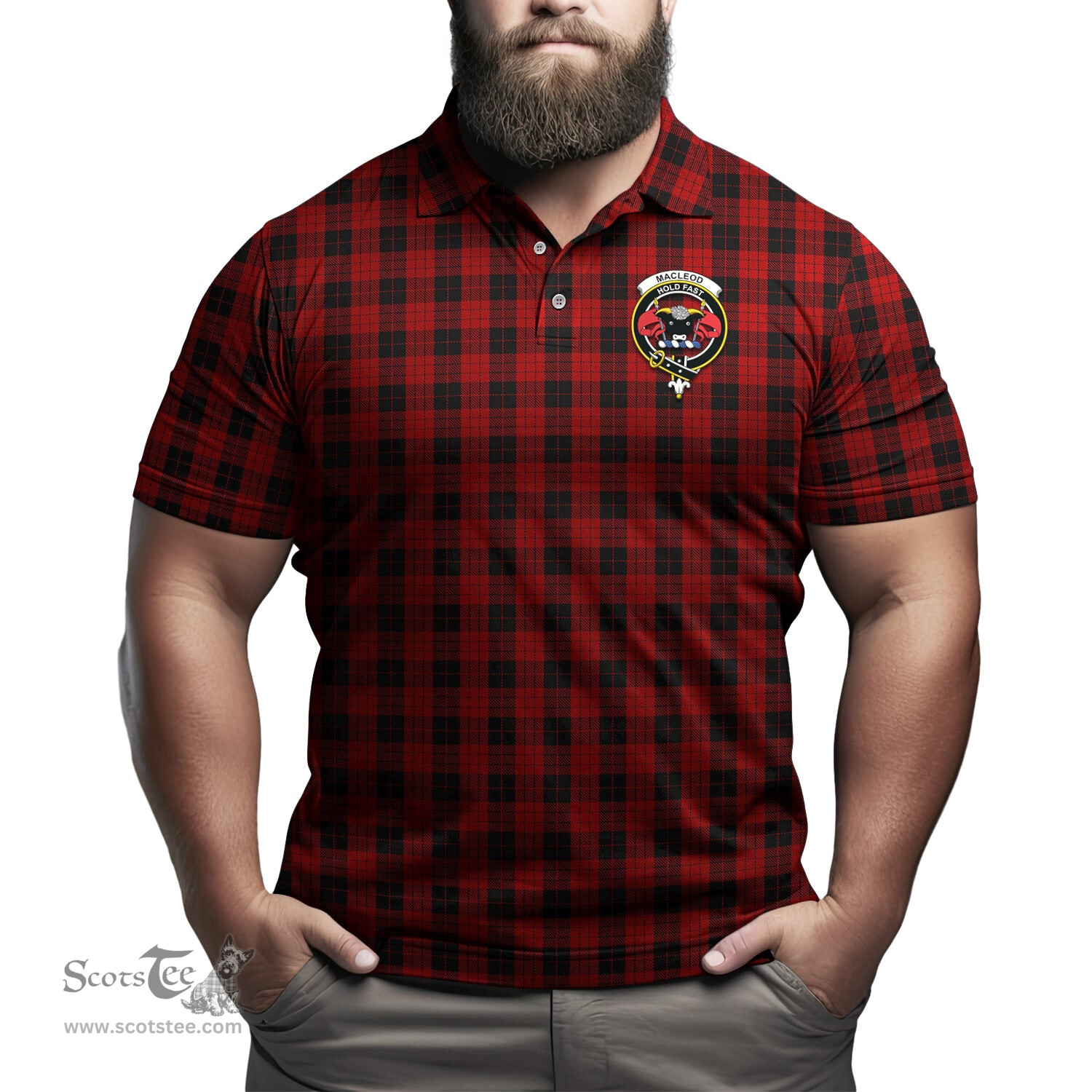 Scottish MacLeod Black and Red Tartan Mens Polo Shirt with Family Crest Scottish Polo Shirt Scottish Plaid Tartan Plaid - ScotsTee - scotstee.com