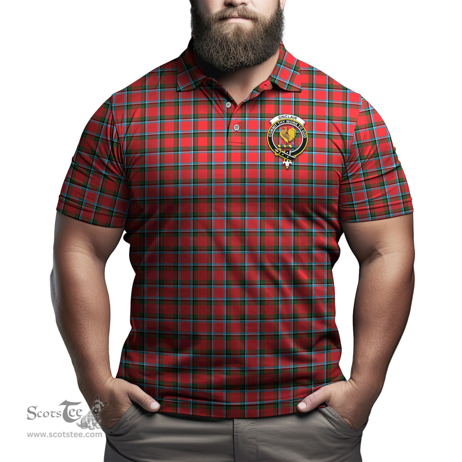Scottish Sinclair Modern Tartan Mens Polo Shirt with Family Crest Scottish Polo Shirt Scottish Plaid Tartan Plaid - ScotsTee - scotstee.com