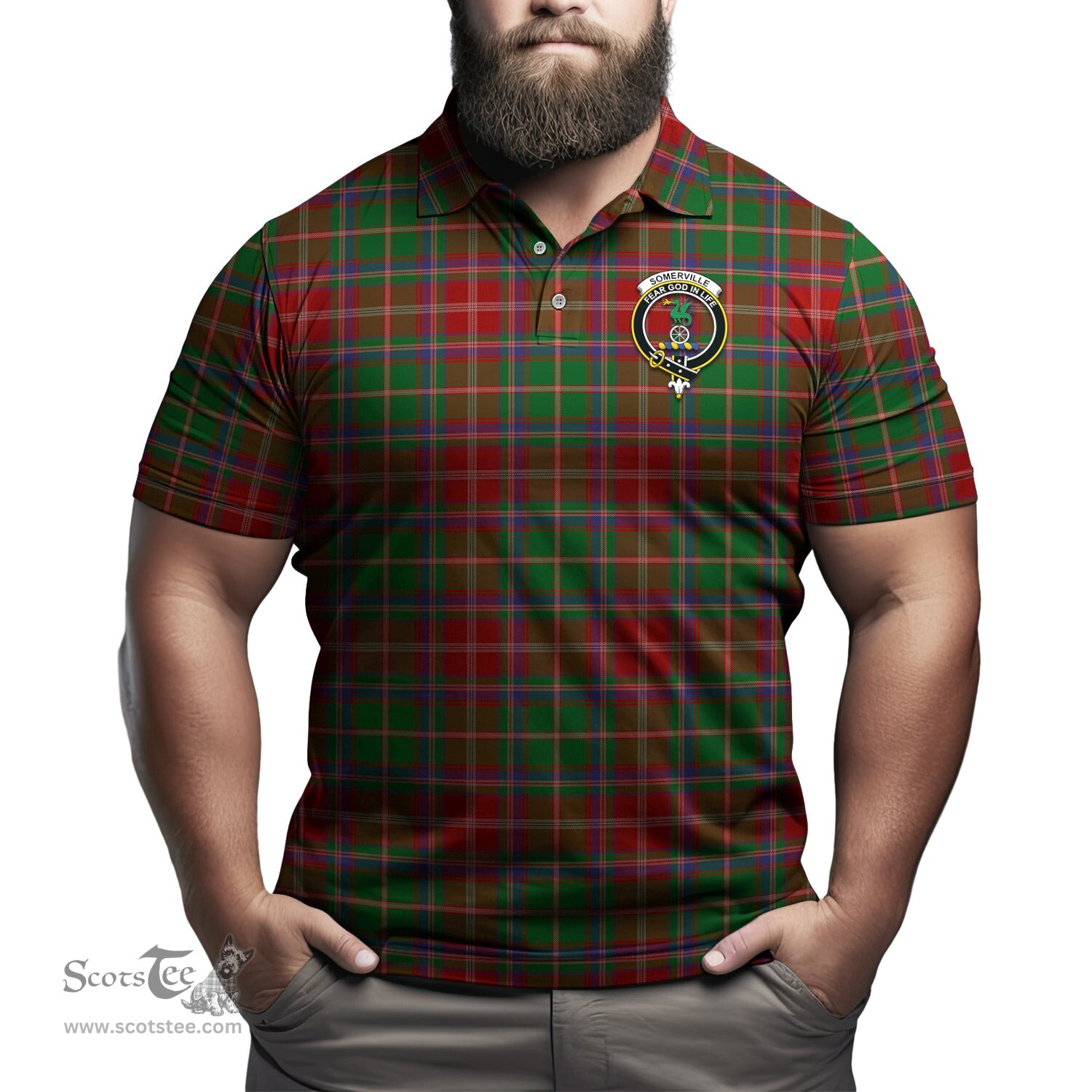 Scottish Somerville Tartan Mens Polo Shirt with Family Crest Scottish Polo Shirt Scottish Plaid Tartan Plaid - ScotsTee - scotstee.com
