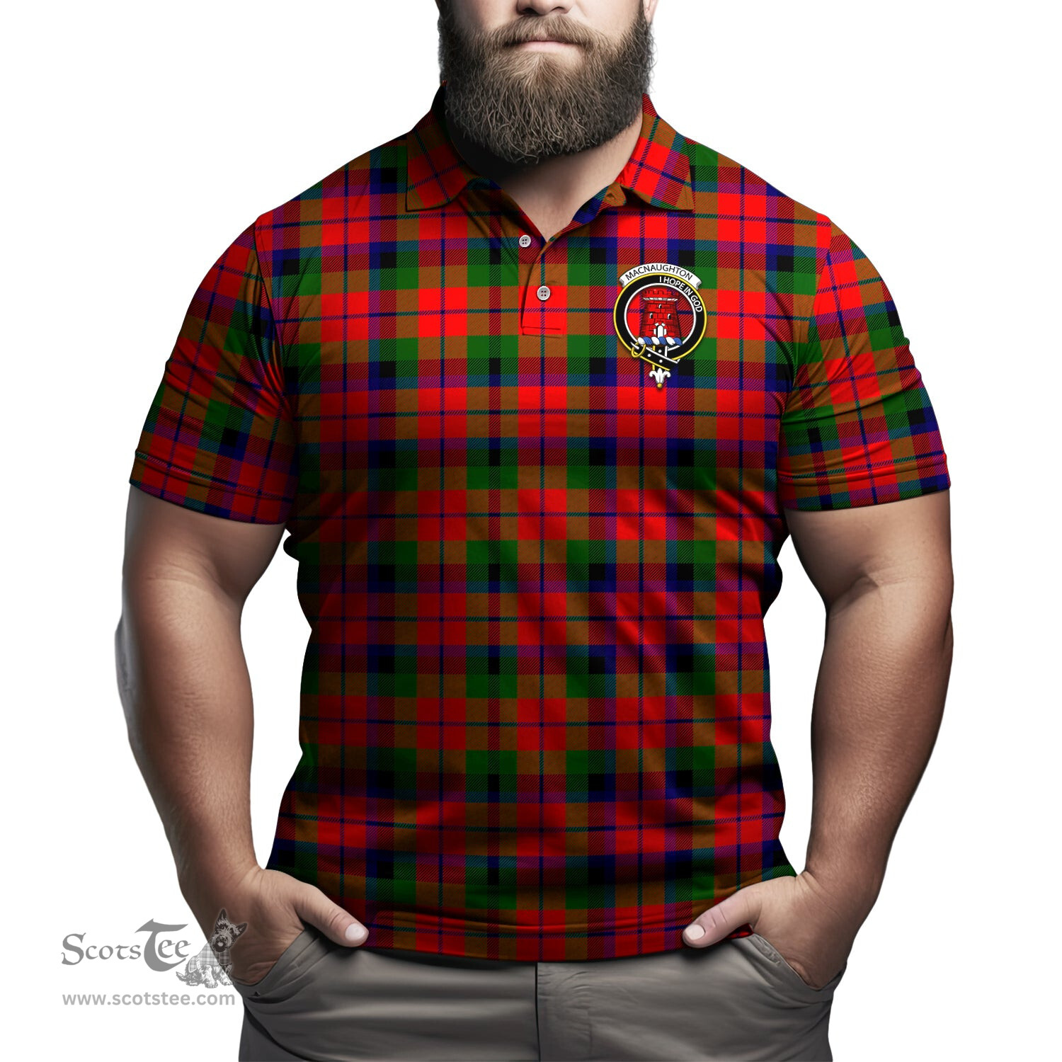Scottish MacNaughton Modern Tartan Mens Polo Shirt with Family Crest Scottish Polo Shirt Scottish Plaid Tartan Plaid - ScotsTee - scotstee.com
