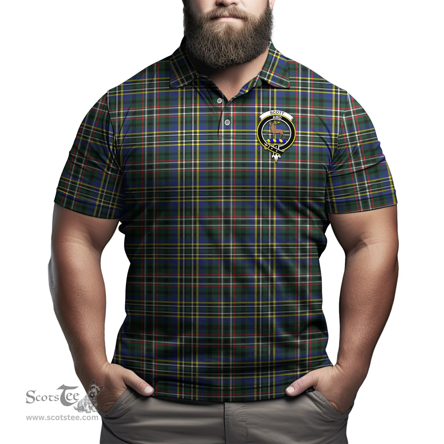 Scottish Scott Green Modern Tartan Mens Polo Shirt with Family Crest Scottish Polo Shirt Scottish Plaid Tartan Plaid - ScotsTee - scotstee.com