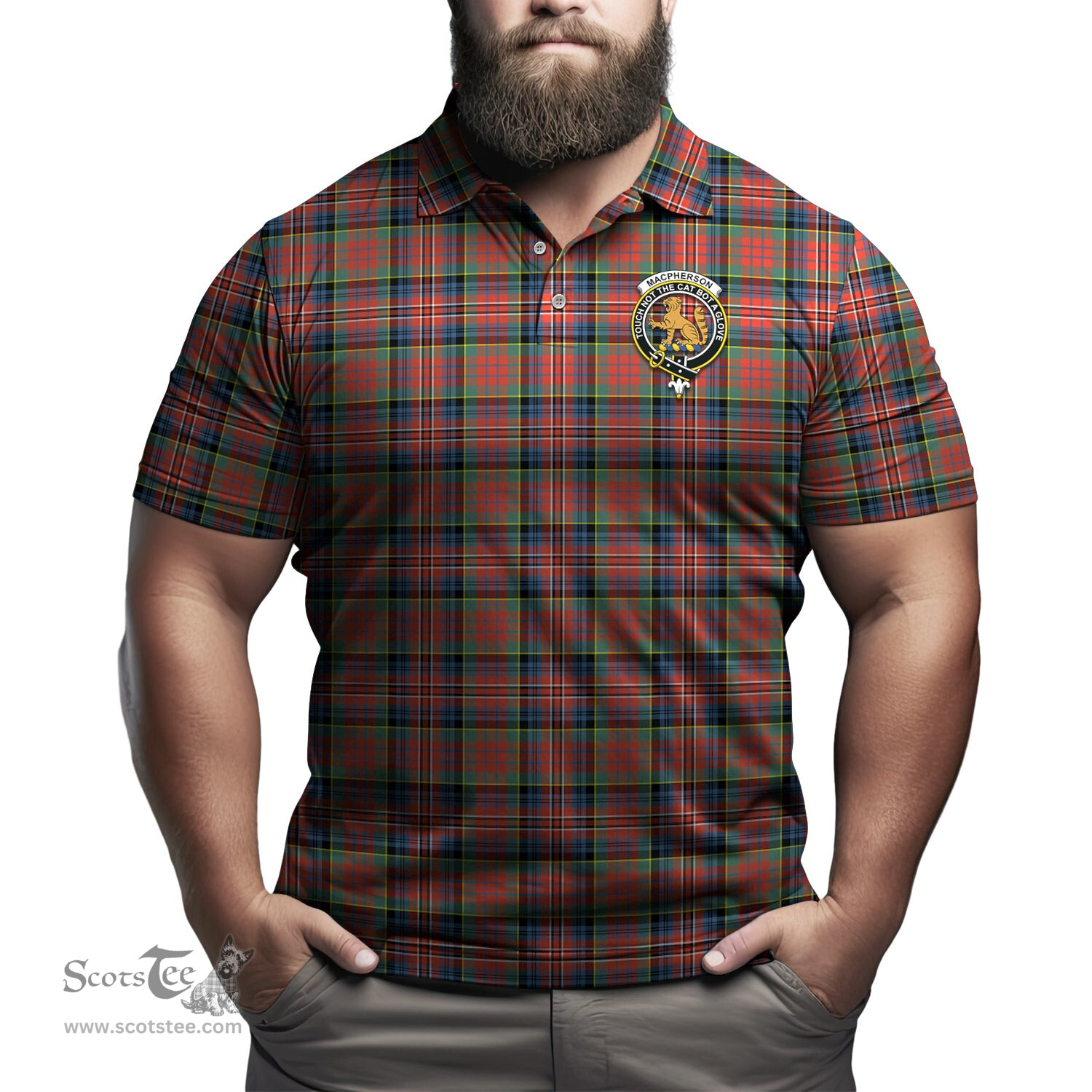 Scottish MacPherson Ancient Tartan Mens Polo Shirt with Family Crest Scottish Polo Shirt Scottish Plaid Tartan Plaid - ScotsTee - scotstee.com