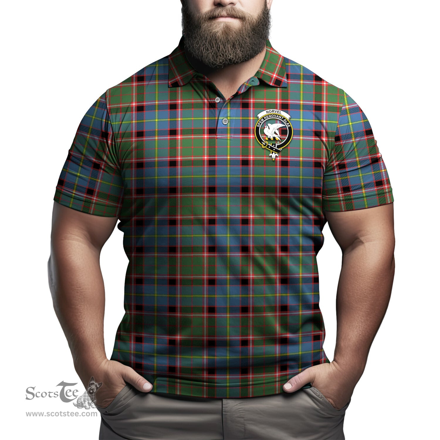 Scottish Norvel Tartan Mens Polo Shirt with Family Crest Scottish Polo Shirt Scottish Plaid Tartan Plaid - ScotsTee - scotstee.com
