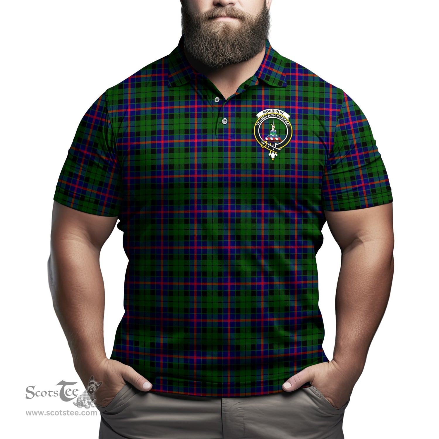 Scottish Morrison Modern Tartan Mens Polo Shirt with Family Crest Scottish Polo Shirt Scottish Plaid Tartan Plaid - ScotsTee - scotstee.com