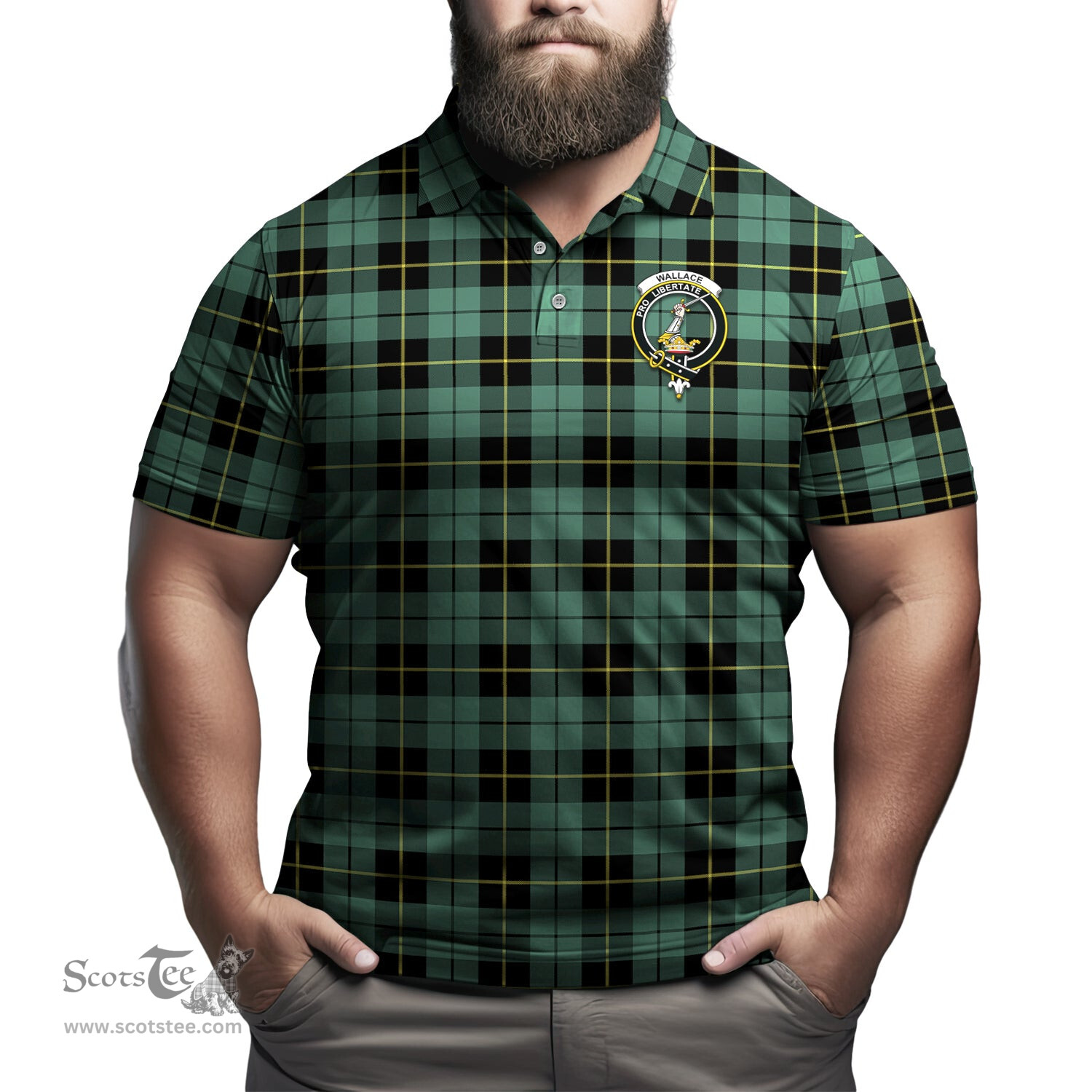Scottish Wallace Hunting Ancient Tartan Mens Polo Shirt with Family Crest Scottish Polo Shirt Scottish Plaid Tartan Plaid - ScotsTee - scotstee.com