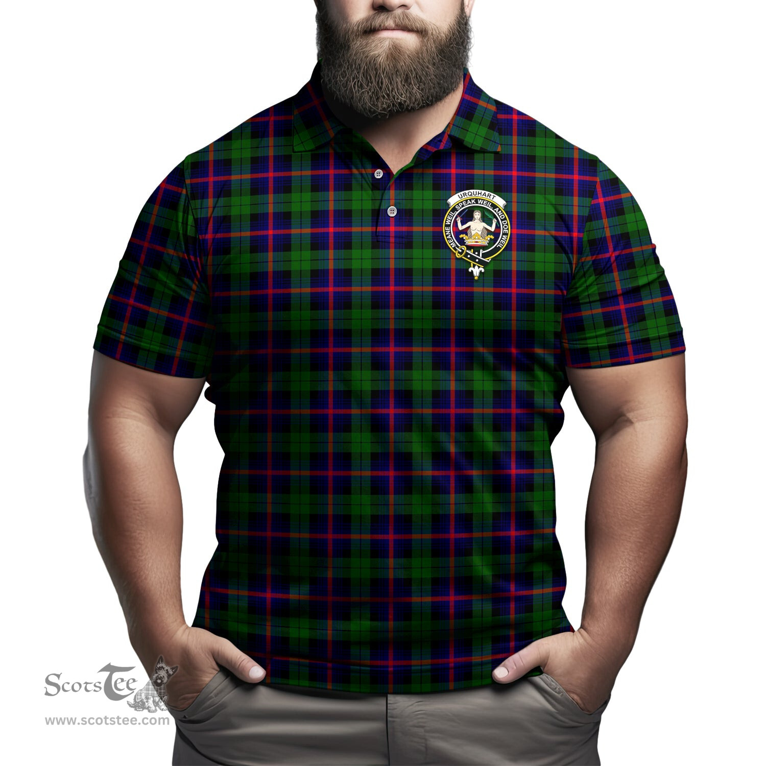 Scottish Urquhart Modern Tartan Mens Polo Shirt with Family Crest Scottish Polo Shirt Scottish Plaid Tartan Plaid - ScotsTee - scotstee.com