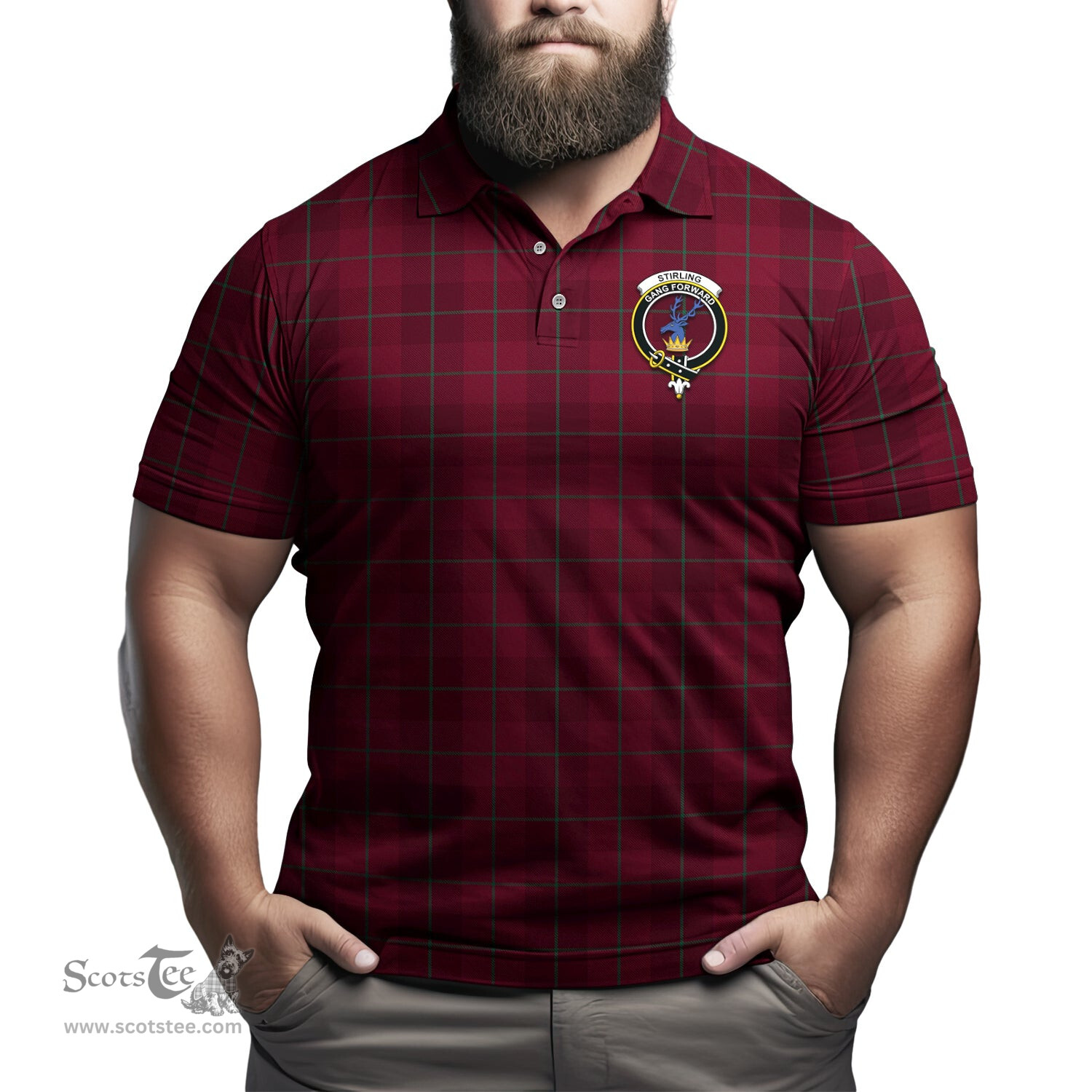 Scottish Stirling of Keir Tartan Mens Polo Shirt with Family Crest Scottish Polo Shirt Scottish Plaid Tartan Plaid - ScotsTee - scotstee.com
