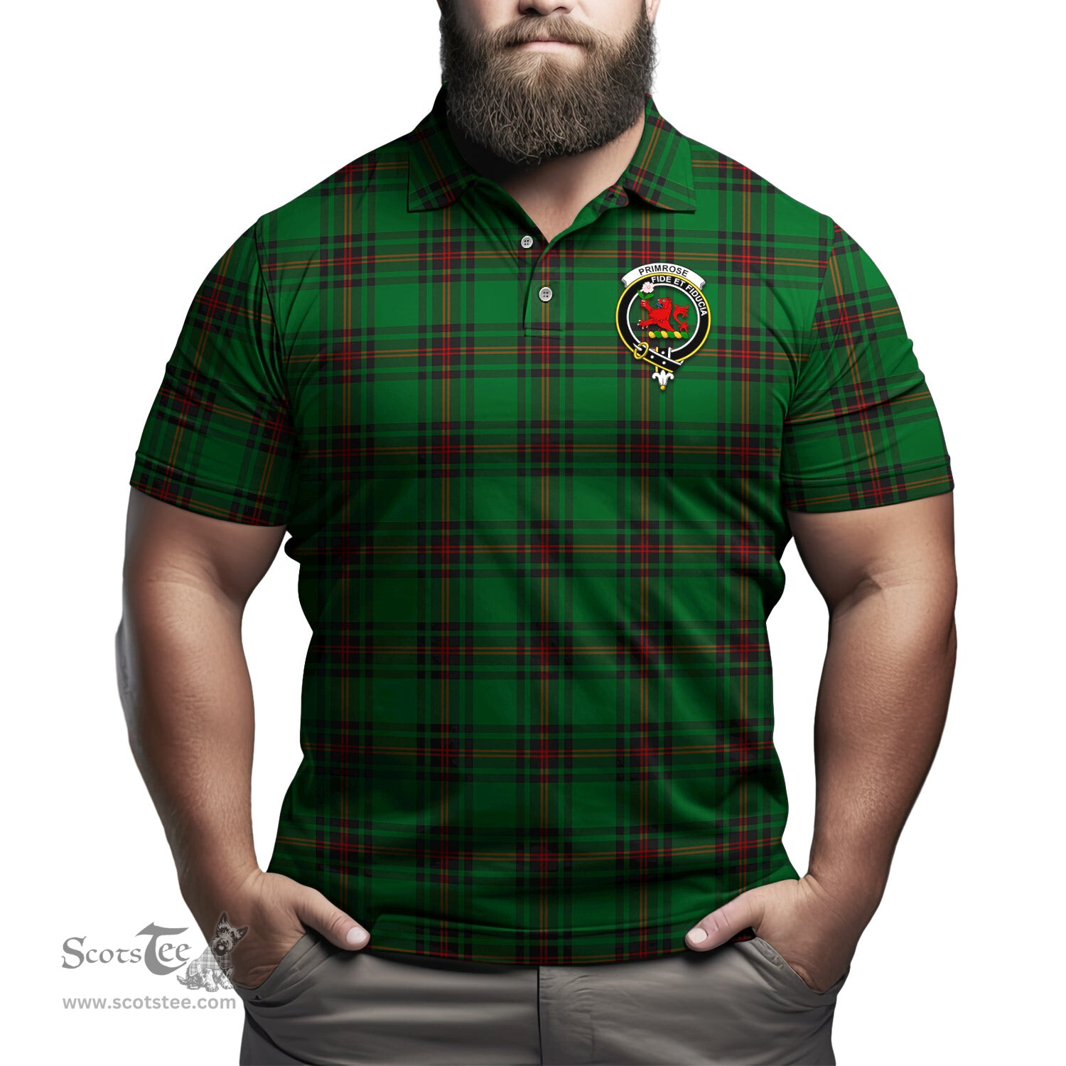 Scottish Primrose Tartan Mens Polo Shirt with Family Crest Scottish Polo Shirt Scottish Plaid Tartan Plaid - ScotsTee - scotstee.com