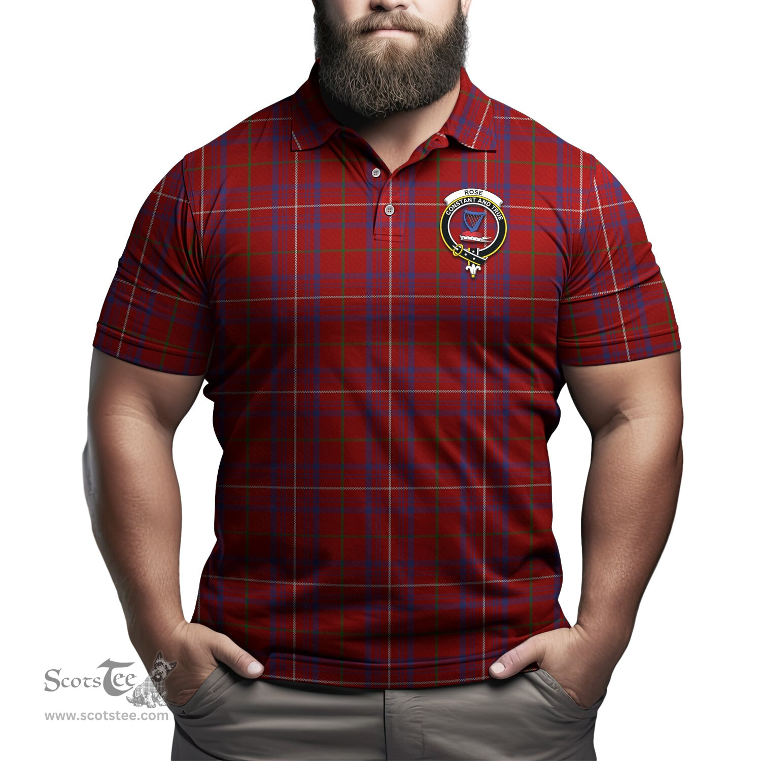 Scottish Rose Tartan Mens Polo Shirt with Family Crest Scottish Polo Shirt Scottish Plaid Tartan Plaid - ScotsTee - scotstee.com