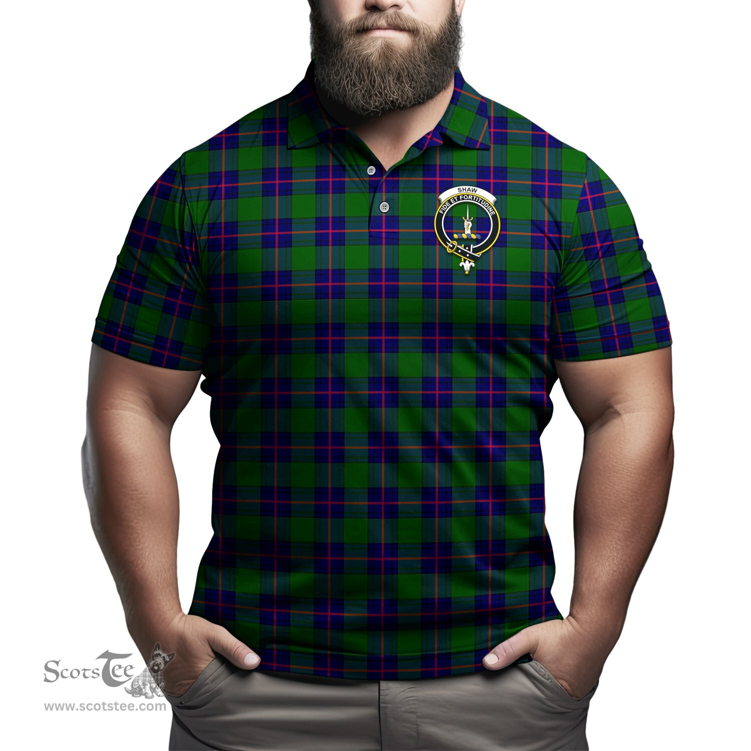 Scottish Shaw Modern Tartan Mens Polo Shirt with Family Crest Scottish Polo Shirt Scottish Plaid Tartan Plaid - ScotsTee - scotstee.com