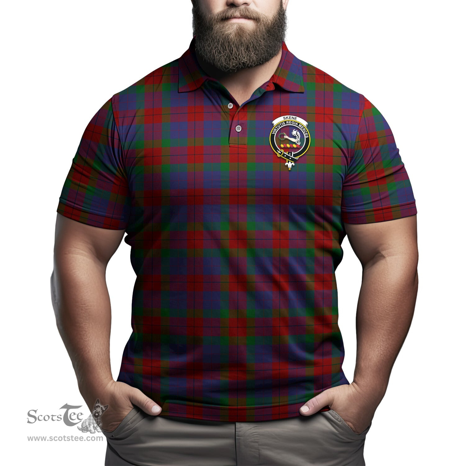 Scottish Skene of Cromar Tartan Mens Polo Shirt with Family Crest Scottish Polo Shirt Scottish Plaid Tartan Plaid - ScotsTee - scotstee.com