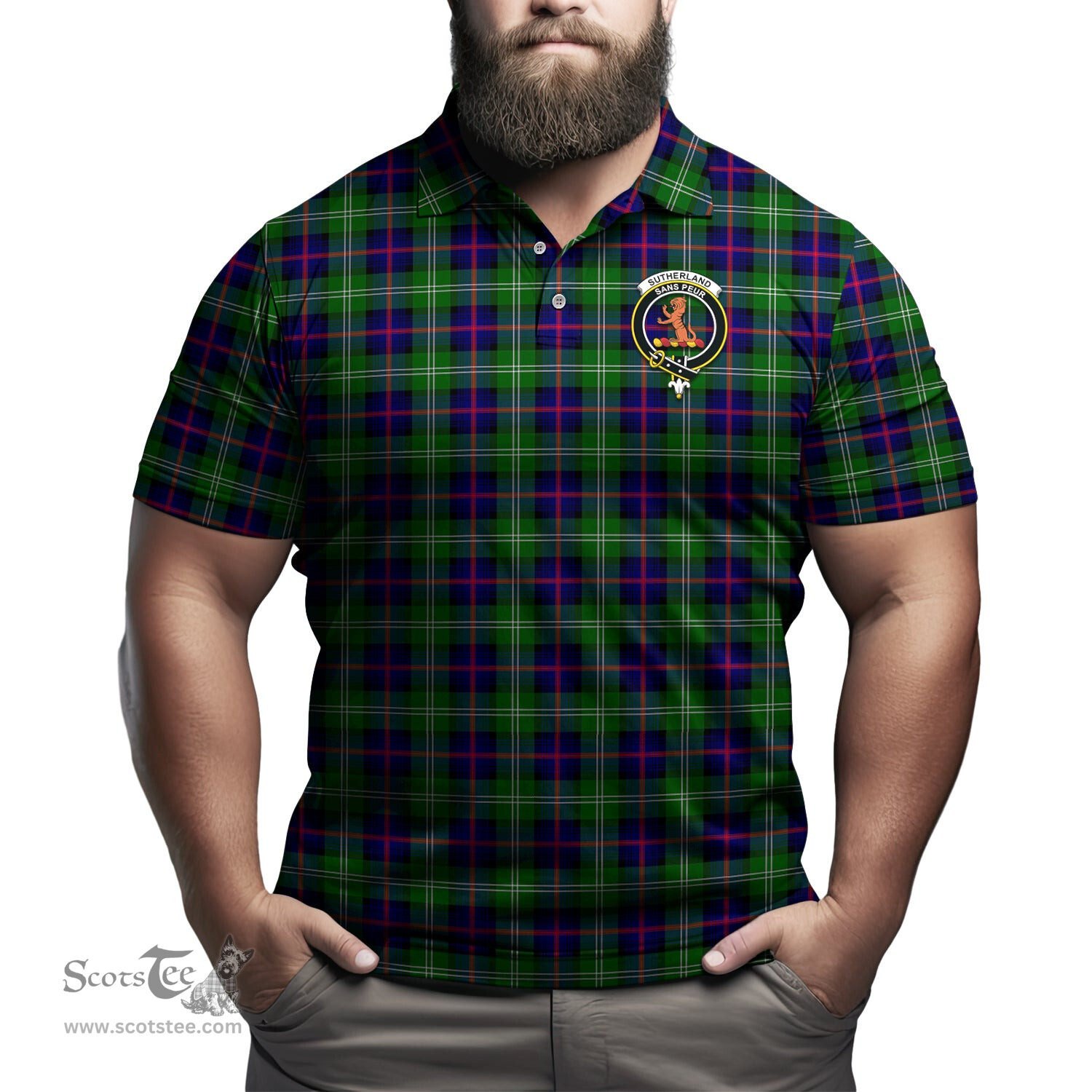 Scottish Sutherland Modern Tartan Mens Polo Shirt with Family Crest Scottish Polo Shirt Scottish Plaid Tartan Plaid - ScotsTee - scotstee.com