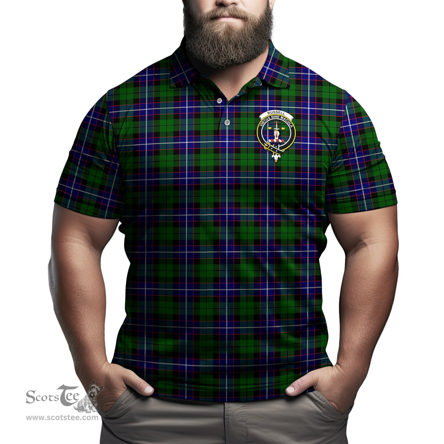 Scottish Russell Modern Tartan Mens Polo Shirt with Family Crest Scottish Polo Shirt Scottish Plaid Tartan Plaid - ScotsTee - scotstee.com