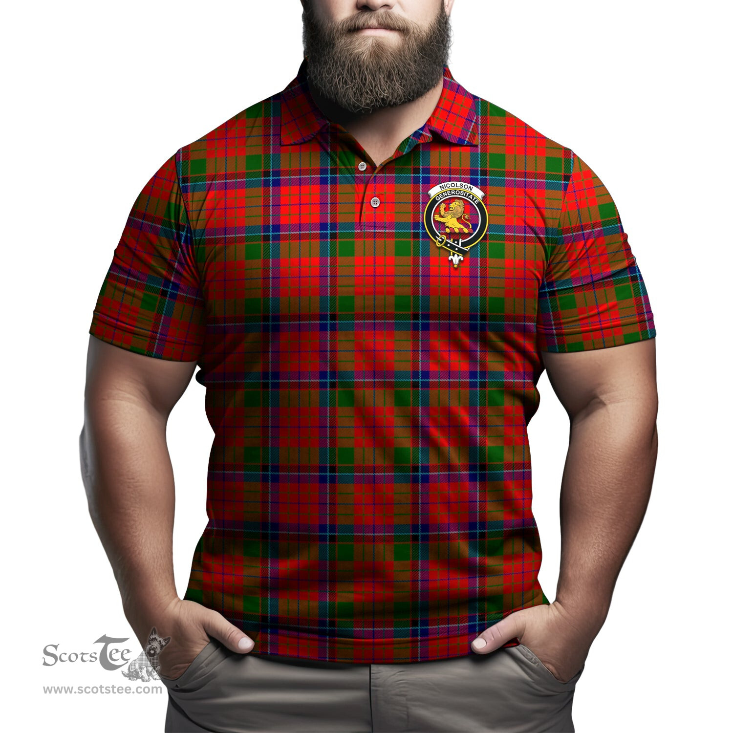 Scottish Nicolson Modern Tartan Mens Polo Shirt with Family Crest Scottish Polo Shirt Scottish Plaid Tartan Plaid - ScotsTee - scotstee.com