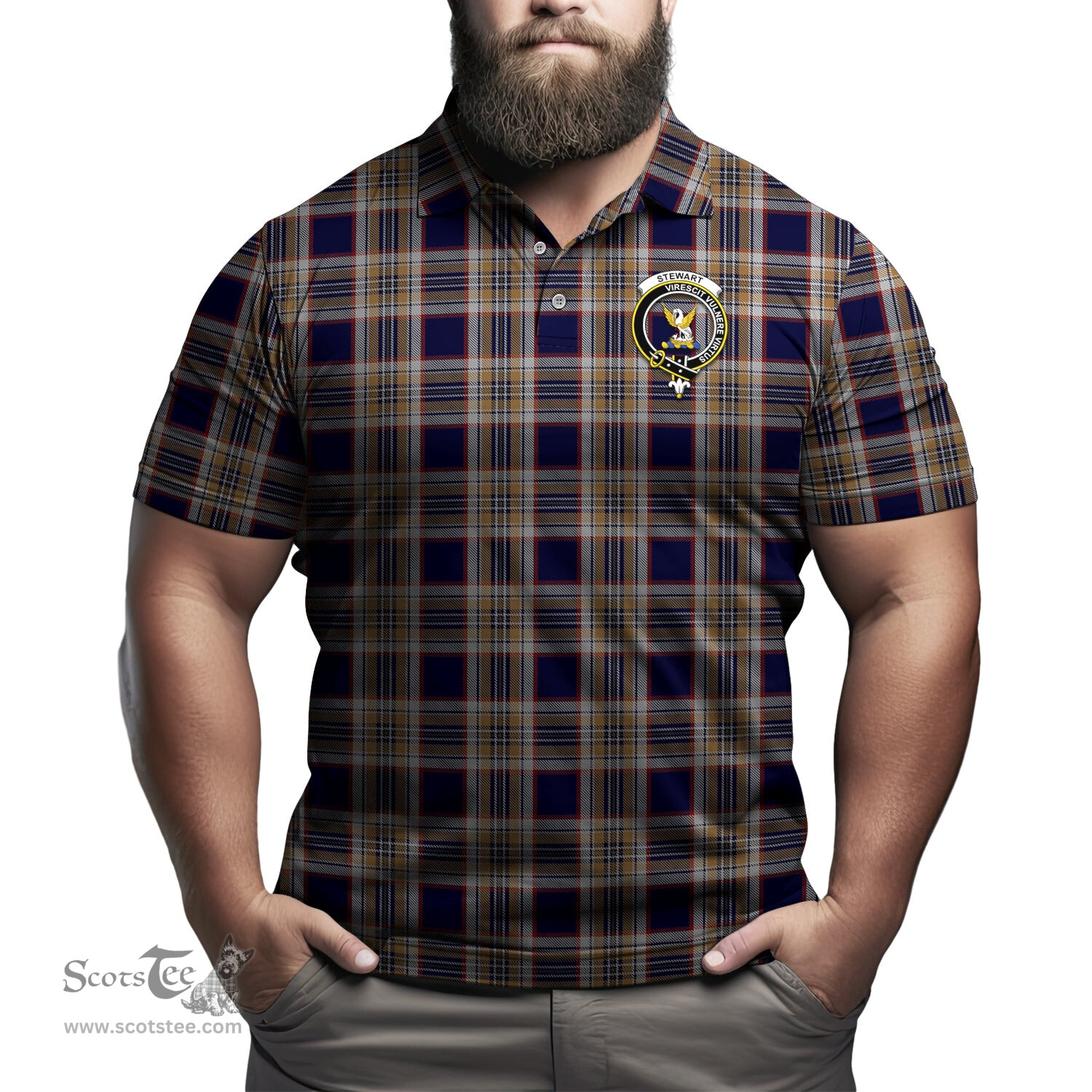 Scottish Stewart Navy Tartan Mens Polo Shirt with Family Crest Scottish Polo Shirt Scottish Plaid Tartan Plaid - ScotsTee - scotstee.com