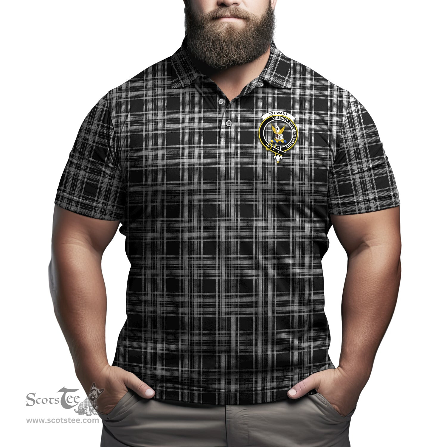 Scottish Stewart Black and White Tartan Mens Polo Shirt with Family Crest Scottish Polo Shirt Scottish Plaid Tartan Plaid - ScotsTee - scotstee.com