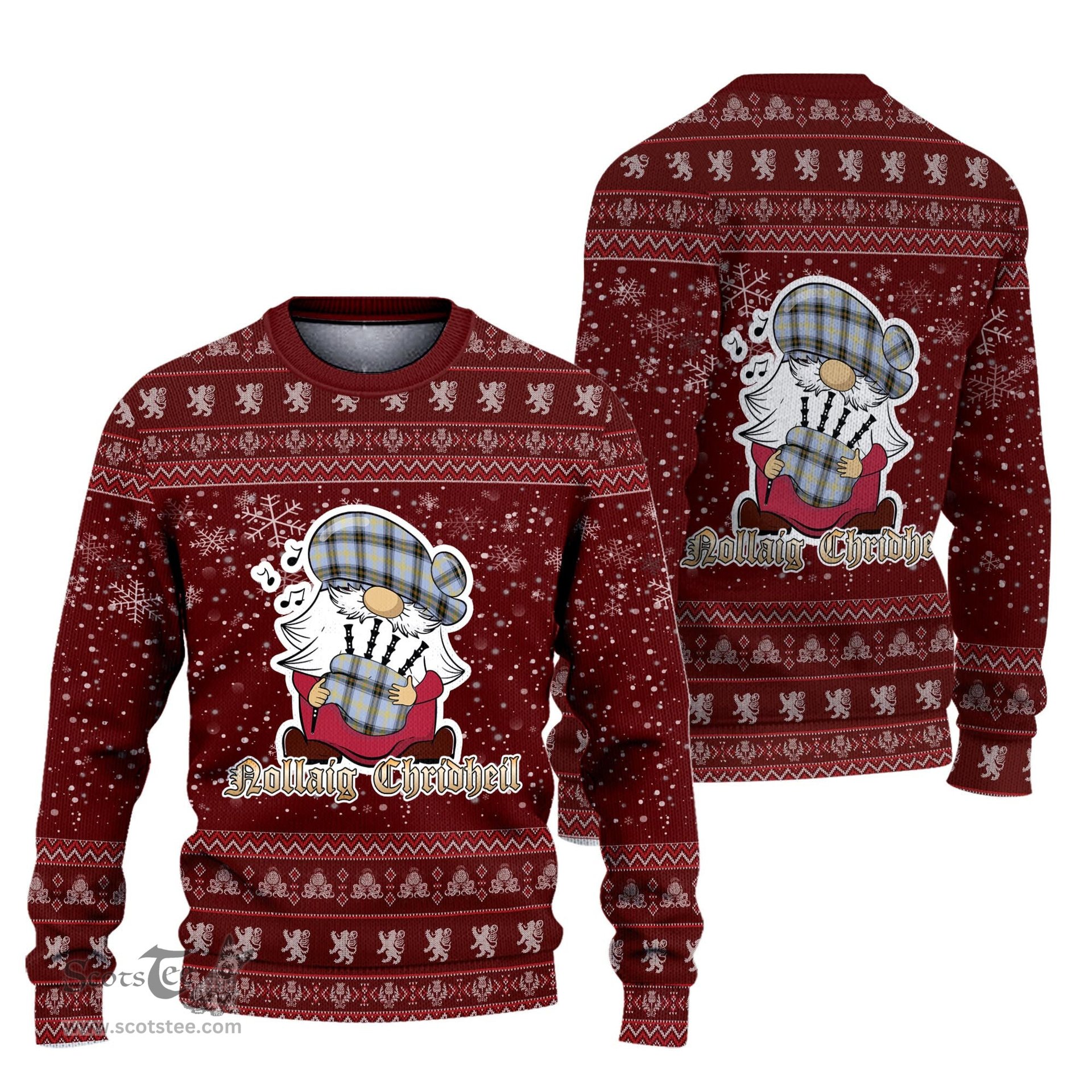 Scottish Bell Clan Christmas Family Tartan Ugly Sweater with Funny Gnome Playing Bagpipes Scottish Plaid Tartan Plaid - ScotsTee - scotstee.com