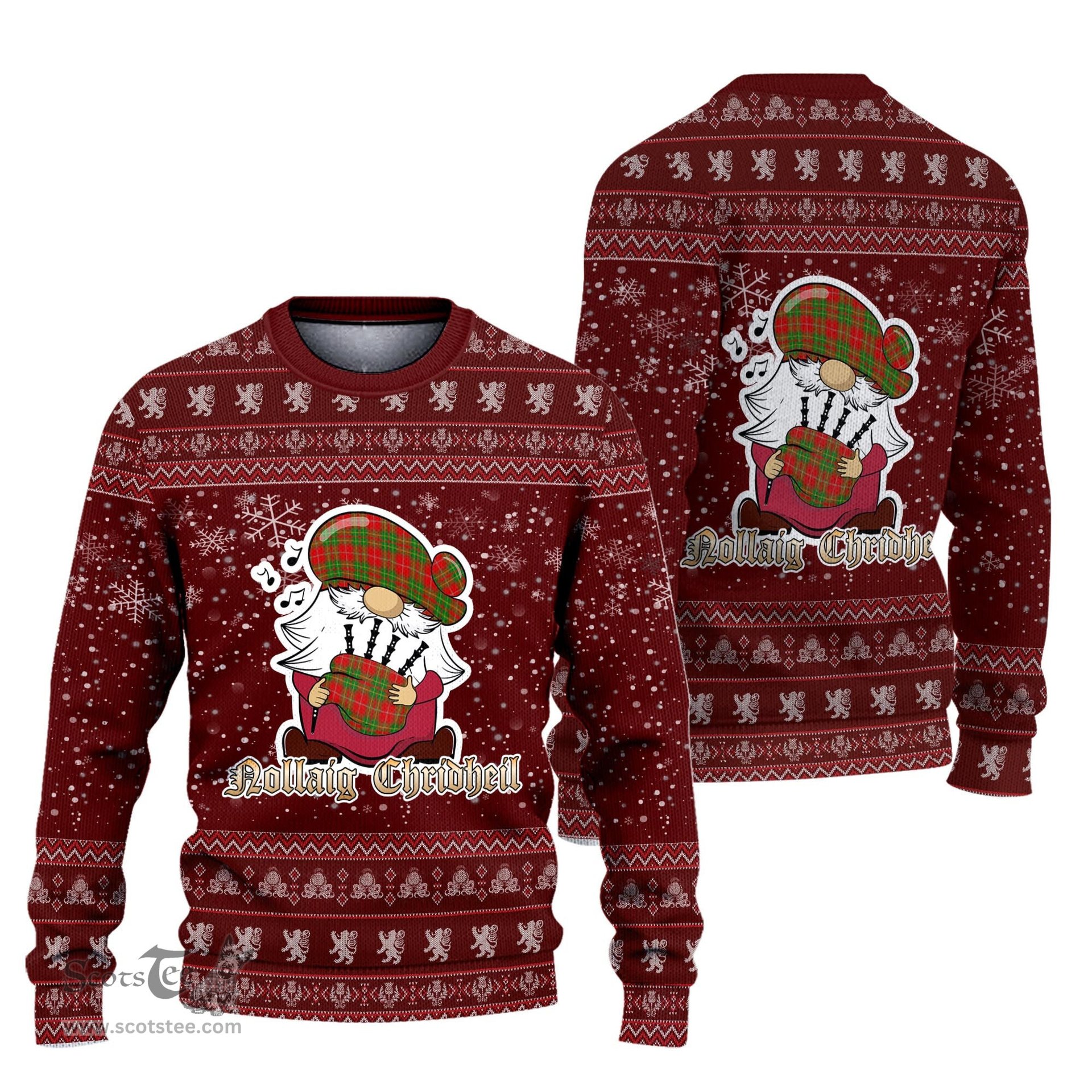 Scottish Burnett Ancient Clan Christmas Family Tartan Ugly Sweater with Funny Gnome Playing Bagpipes Scottish Plaid Tartan Plaid - ScotsTee - scotstee.com