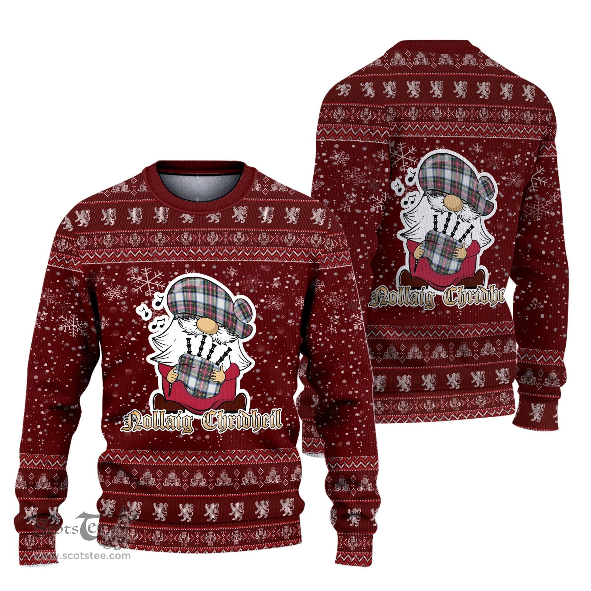 Scottish Dennistoun Clan Christmas Family Tartan Ugly Sweater with Funny Gnome Playing Bagpipes Scottish Plaid Tartan Plaid - ScotsTee - scotstee.com