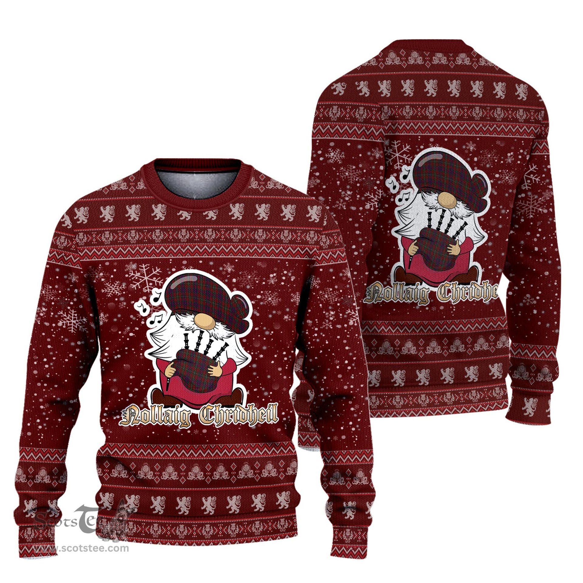 Scottish Clare County Ireland Clan Christmas Family Tartan Ugly Sweater with Funny Gnome Playing Bagpipes Scottish Plaid Tartan Plaid - ScotsTee - scotstee.com