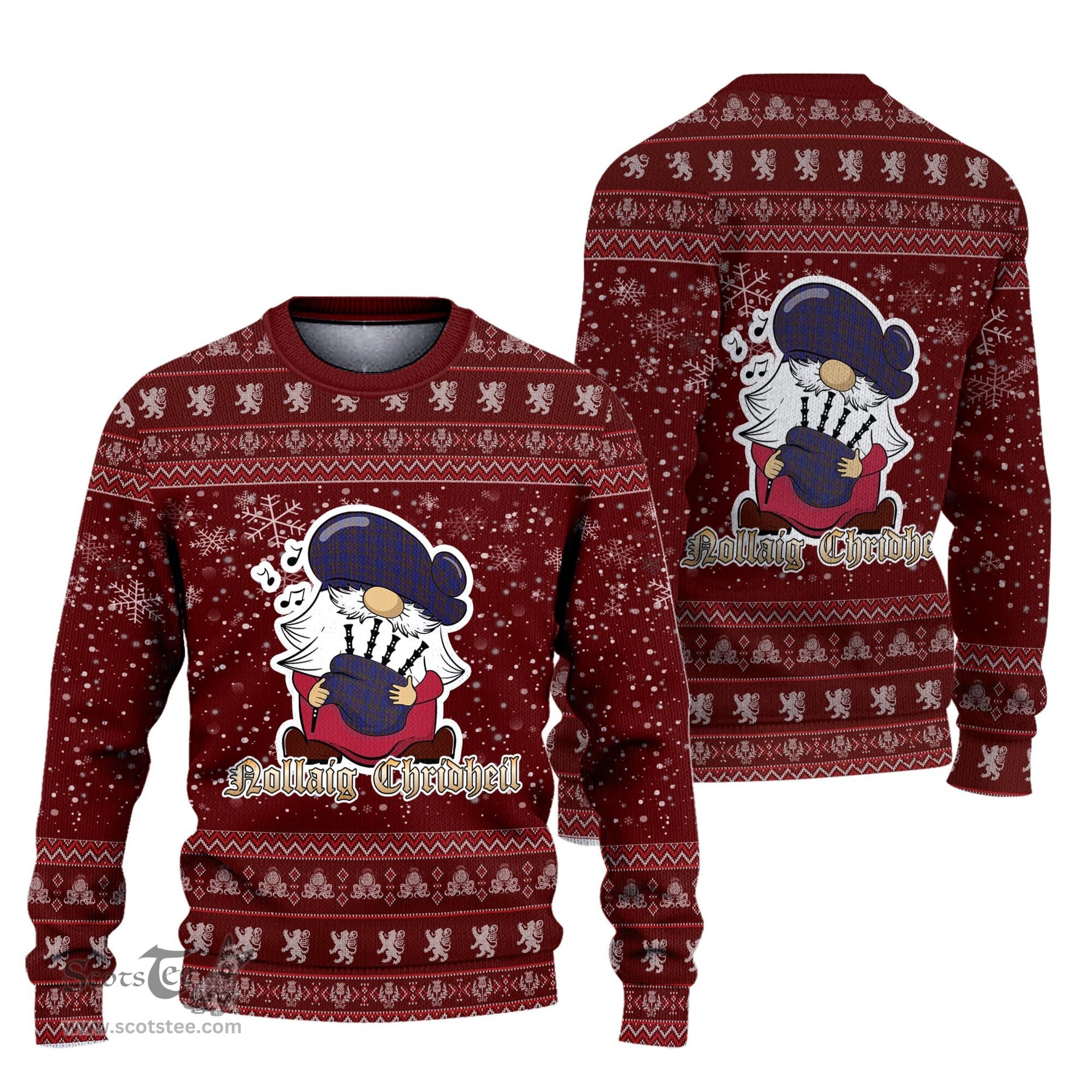Scottish Elliot Clan Christmas Family Tartan Ugly Sweater with Funny Gnome Playing Bagpipes Scottish Plaid Tartan Plaid - ScotsTee - scotstee.com