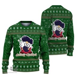 Scottish Fitzgerald Hunting Clan Christmas Family Tartan Ugly Sweater with Funny Gnome Playing Bagpipes Scottish Plaid Tartan Plaid - ScotsTee - scotstee.com