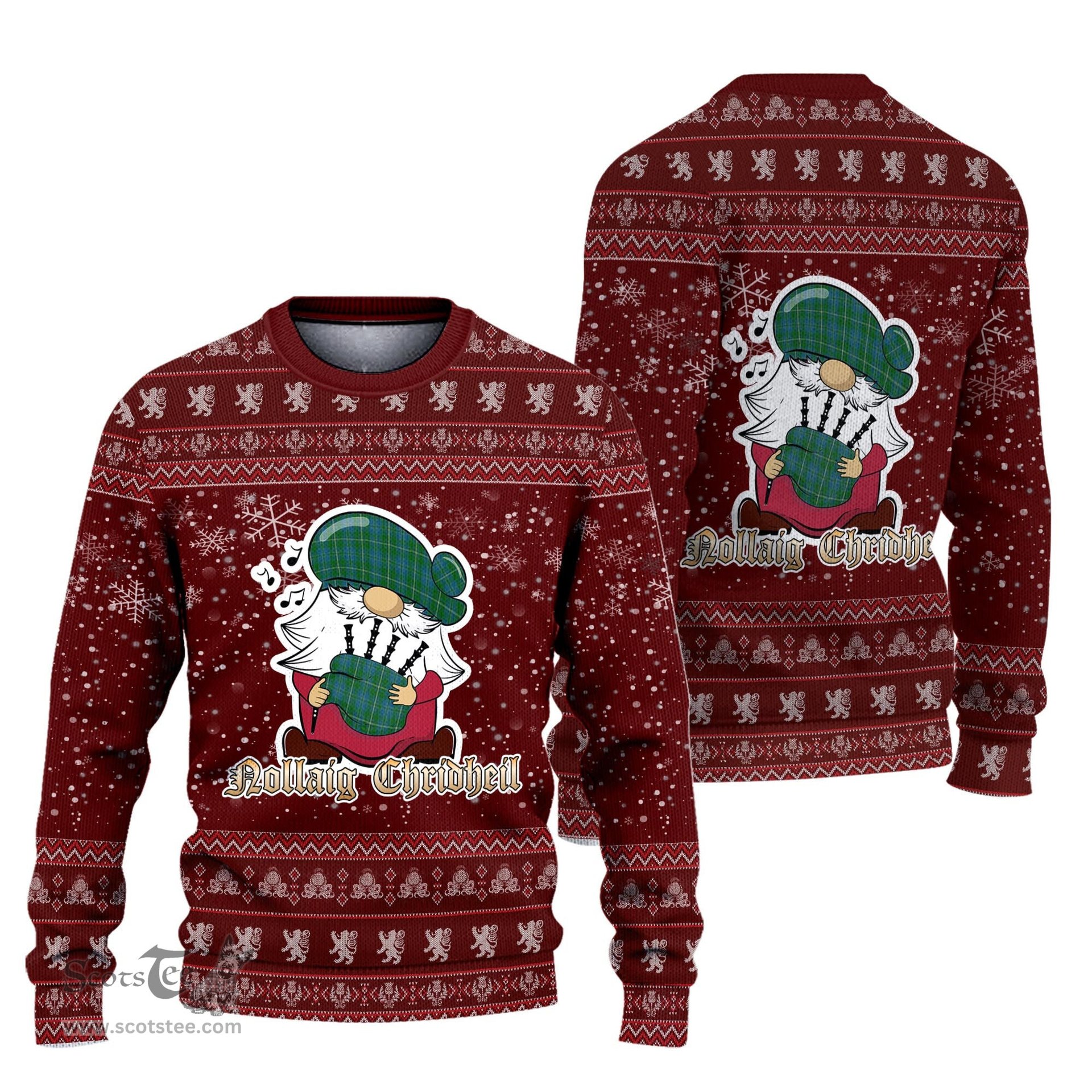 Scottish Hay Hunting Clan Christmas Family Tartan Ugly Sweater with Funny Gnome Playing Bagpipes Scottish Plaid Tartan Plaid - ScotsTee - scotstee.com