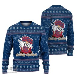 Scottish Galloway Red Clan Christmas Family Tartan Ugly Sweater with Funny Gnome Playing Bagpipes Scottish Plaid Tartan Plaid - ScotsTee - scotstee.com