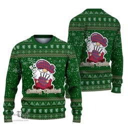 Scottish Galloway Red Clan Christmas Family Tartan Ugly Sweater with Funny Gnome Playing Bagpipes Scottish Plaid Tartan Plaid - ScotsTee - scotstee.com