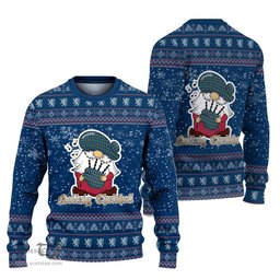 Scottish Hunter Ancient Clan Christmas Family Tartan Ugly Sweater with Funny Gnome Playing Bagpipes Scottish Plaid Tartan Plaid - ScotsTee - scotstee.com