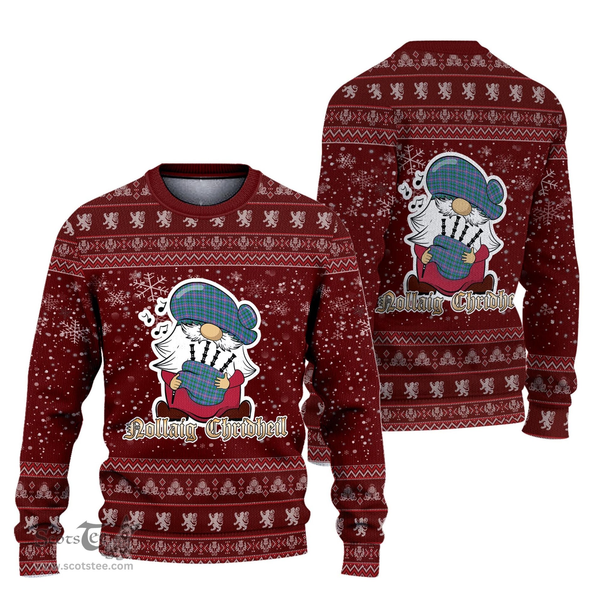 Scottish Pitcairn Hunting Clan Christmas Family Tartan Ugly Sweater with Funny Gnome Playing Bagpipes Scottish Plaid Tartan Plaid - ScotsTee - scotstee.com