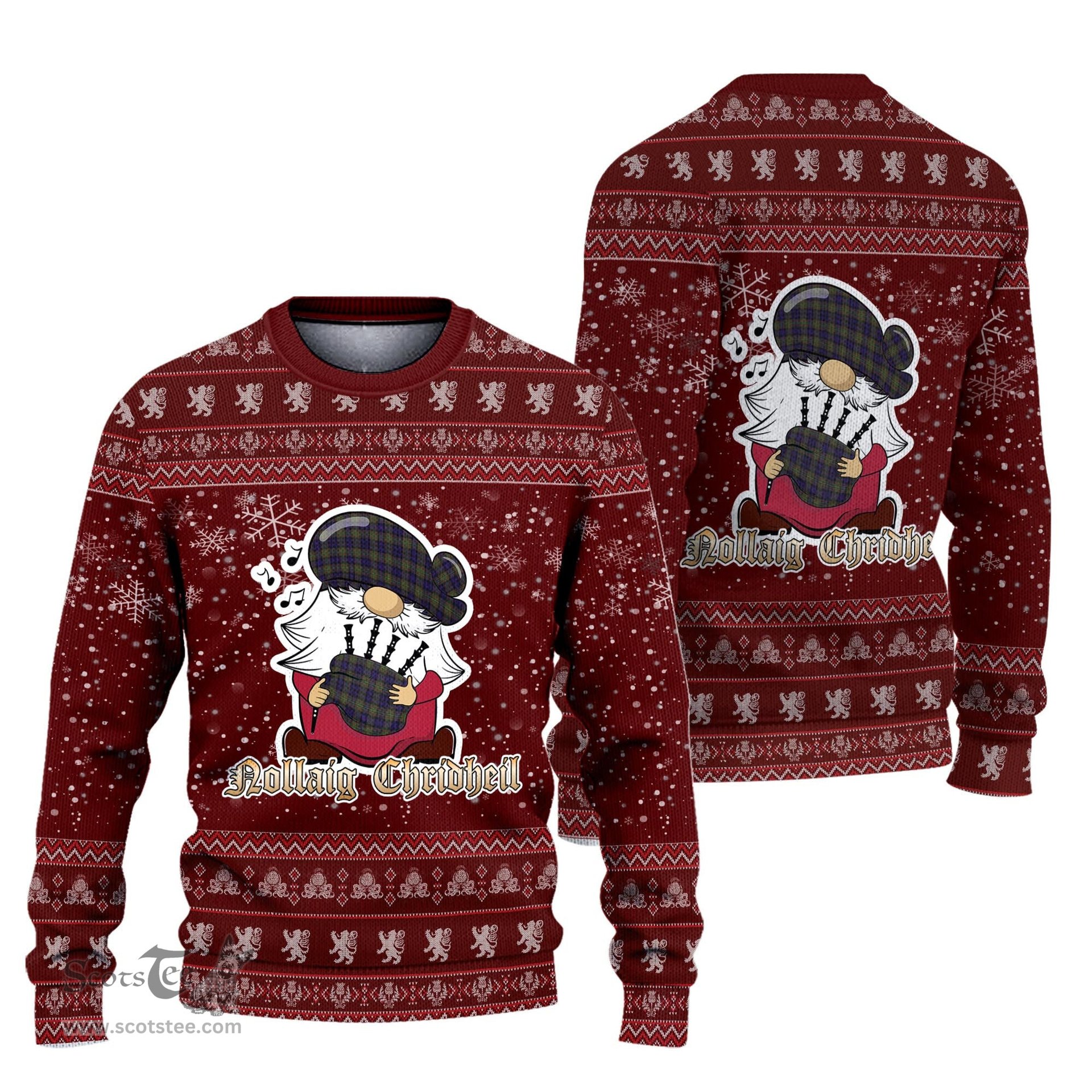 Scottish MacLellan Clan Christmas Family Tartan Ugly Sweater with Funny Gnome Playing Bagpipes Scottish Plaid Tartan Plaid - ScotsTee - scotstee.com