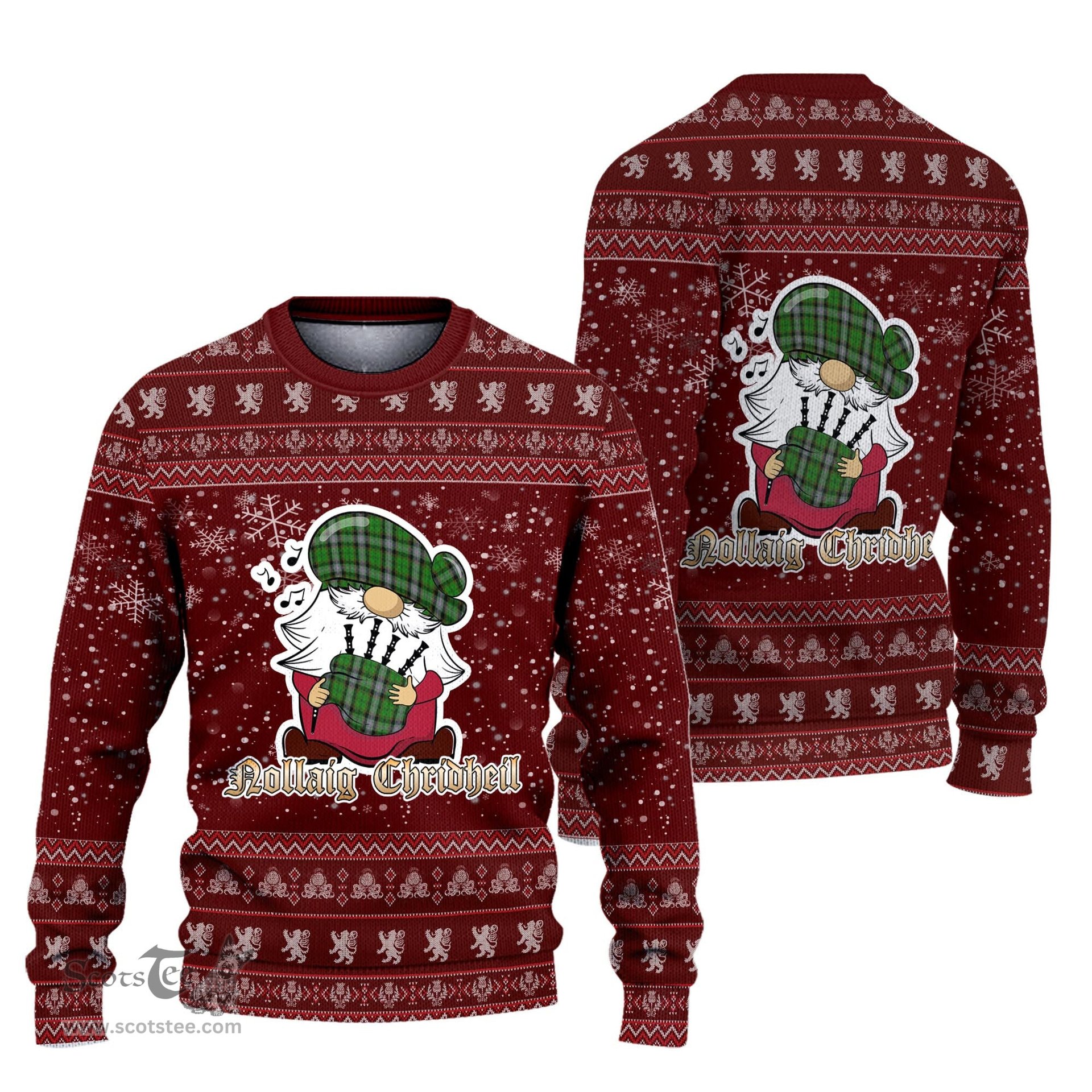 Scottish Moss Clan Christmas Family Tartan Ugly Sweater with Funny Gnome Playing Bagpipes Scottish Plaid Tartan Plaid - ScotsTee - scotstee.com