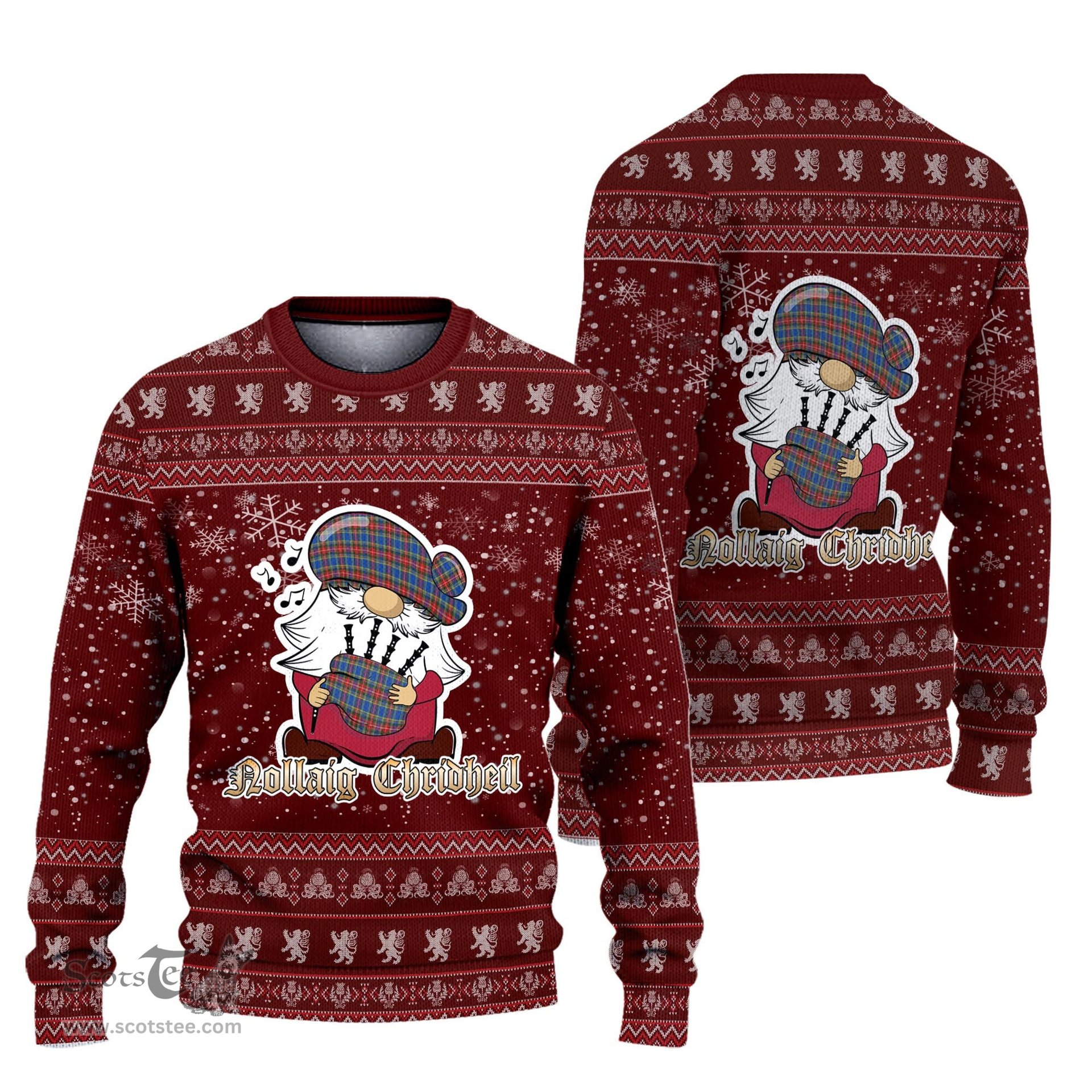 Scottish MacBeth Clan Christmas Family Tartan Ugly Sweater with Funny Gnome Playing Bagpipes Scottish Plaid Tartan Plaid - ScotsTee - scotstee.com