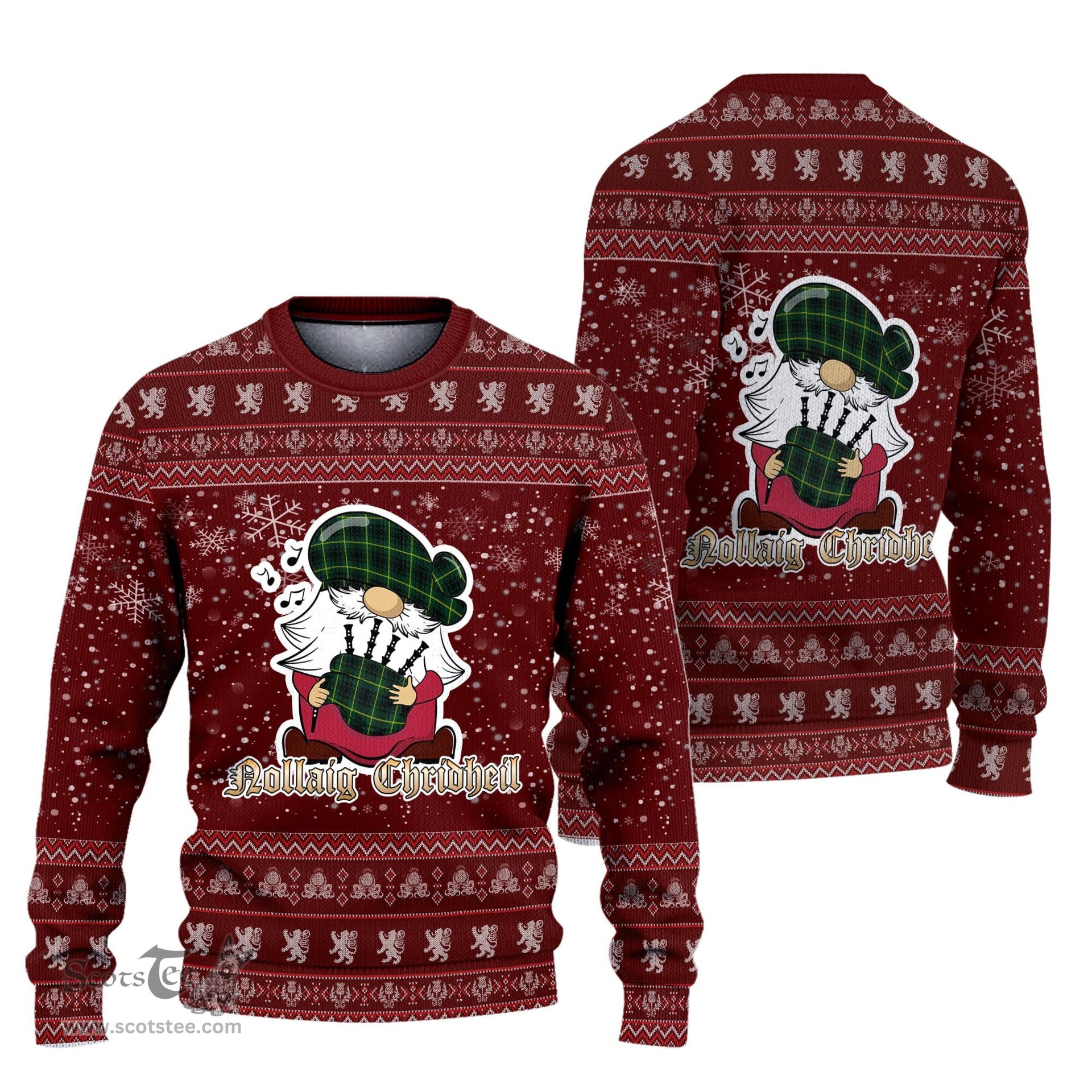 Scottish MacArthur Modern Clan Christmas Family Tartan Ugly Sweater with Funny Gnome Playing Bagpipes Scottish Plaid Tartan Plaid - ScotsTee - scotstee.com